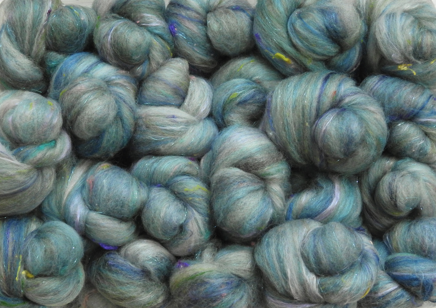 Storm Chasing (3.6 oz)-Sparkle Sticklebatts -30% Cotswold/Border Leicester & CVM X Rambo fleece; polwarth, merino, silk, bamboo, silk noil, angelina