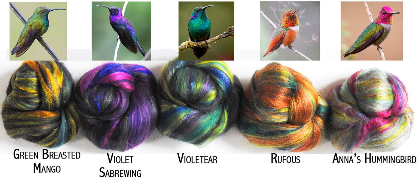Hummingbird Blend Sampler Set (3 oz) - Custom Blended Top- Merino/ Mulberry Silk/ Corriedale /Sari Silk/ Trilobal Nylon (40/25/15/10/10)