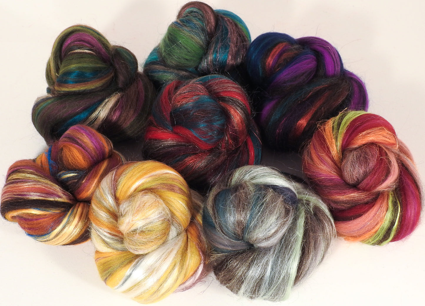Corriedale Blend Sampler Pack - Custom Blended Top- (4 oz.) Corriedale/ Superfine Merino/ Mulberry Silk / FLAX (40/25/25/10) - Inglenook Fibers
