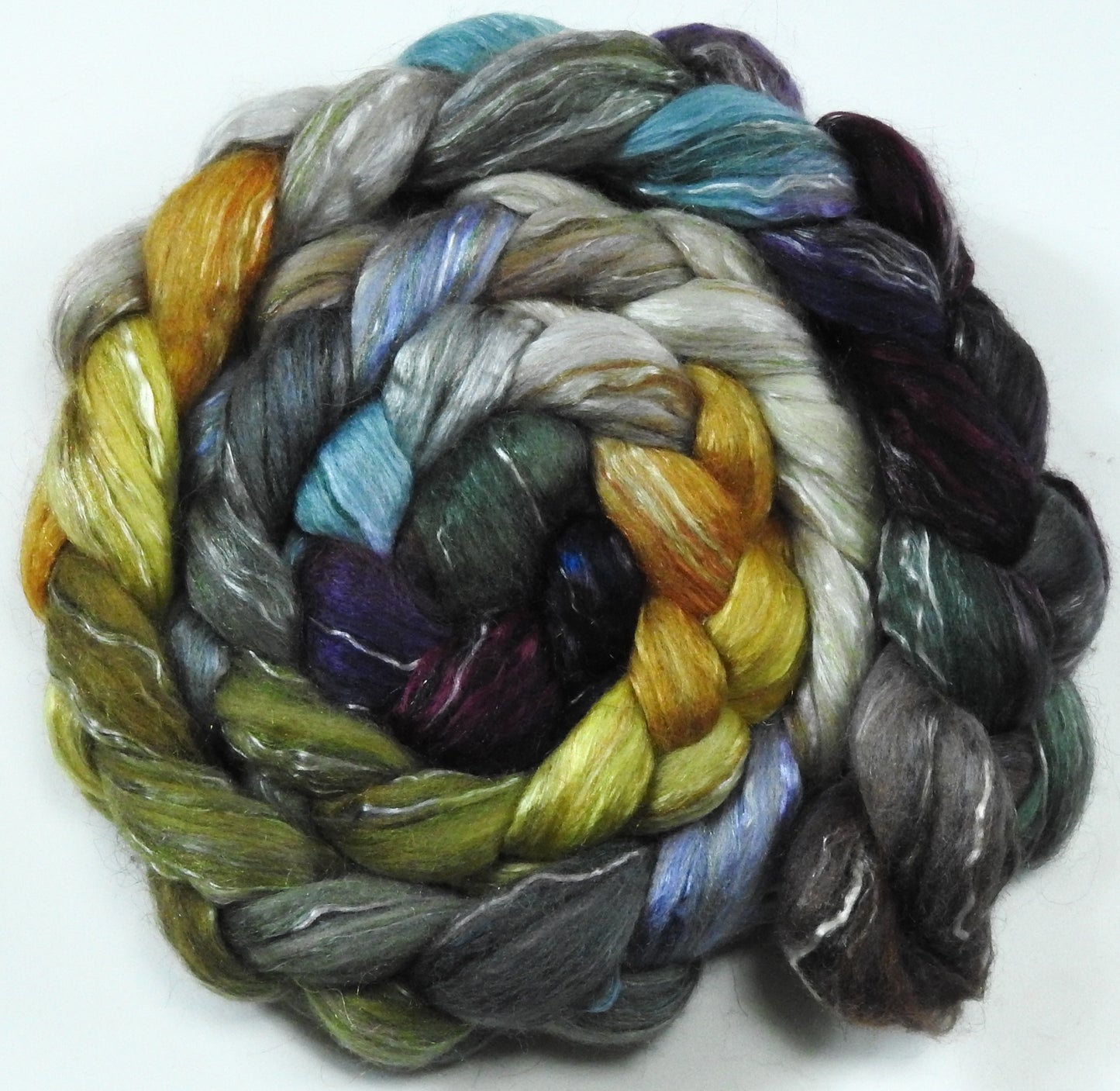 Stone Quarry (6.1 oz.) -Batt in a Braid #31- Polwarth/ Mulberry Silk / Baby Alpaca / Rainbow Firestar/ Tencel( 40/25/15/10/10)