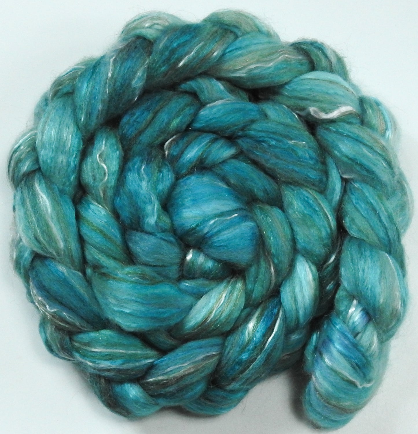 Faience- (6 oz) - Batt in a Braid #31 - Polwarth/ Mulberry Silk / Baby Alpaca / Rainbow Firestar/ Tencel( 40/25/15/10/10)