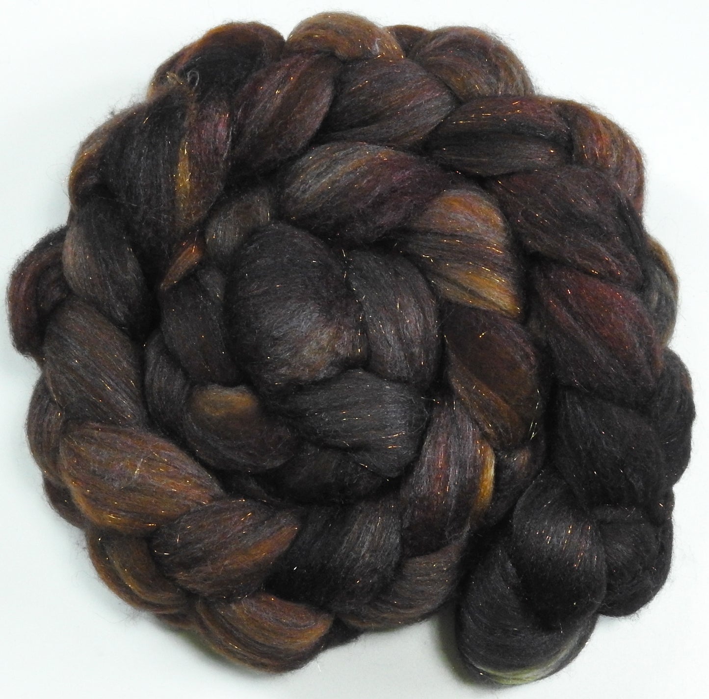 Dark Chocolate -(5.4 oz) Batt in a Braid #53- YAK/ Tussah silk/ Superfine Merino/Gold Stellina(30/30/30/10)