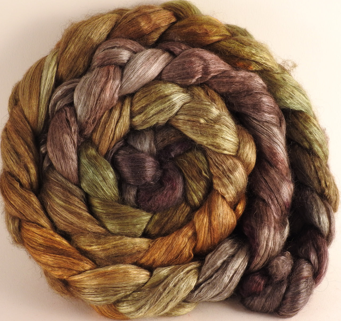 Hand dyed yak/ mulberry silk top -Tarnished - YAK /silk ( 50/50) - Inglenook Fibers