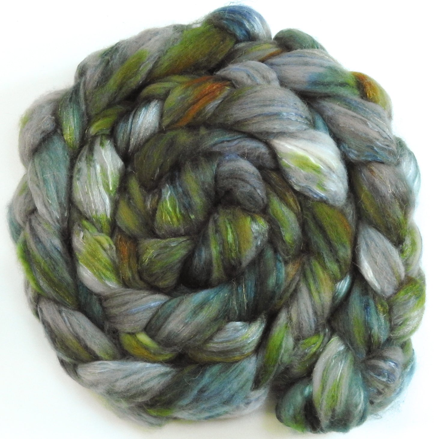 Green Tea (6 oz) - Batt in a Braid #5 - Merino/ Camel/ silk/ faux cashmere/ firestar (25/25/25/12/12)
