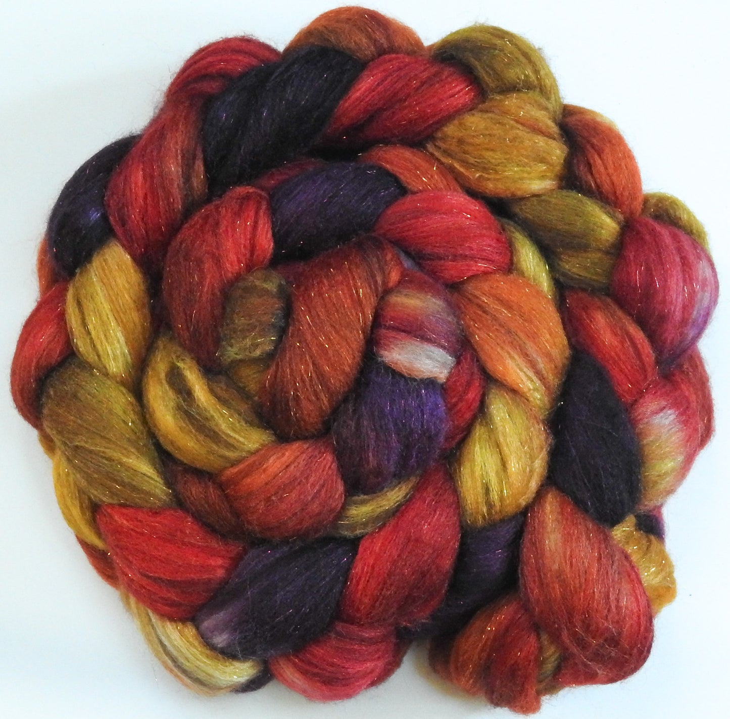 Gathering Leaves -(5.4 oz) Batt in a Braid #53- YAK/ Tussah silk/ Superfine Merino/Gold Stellina(30/30/30/10)