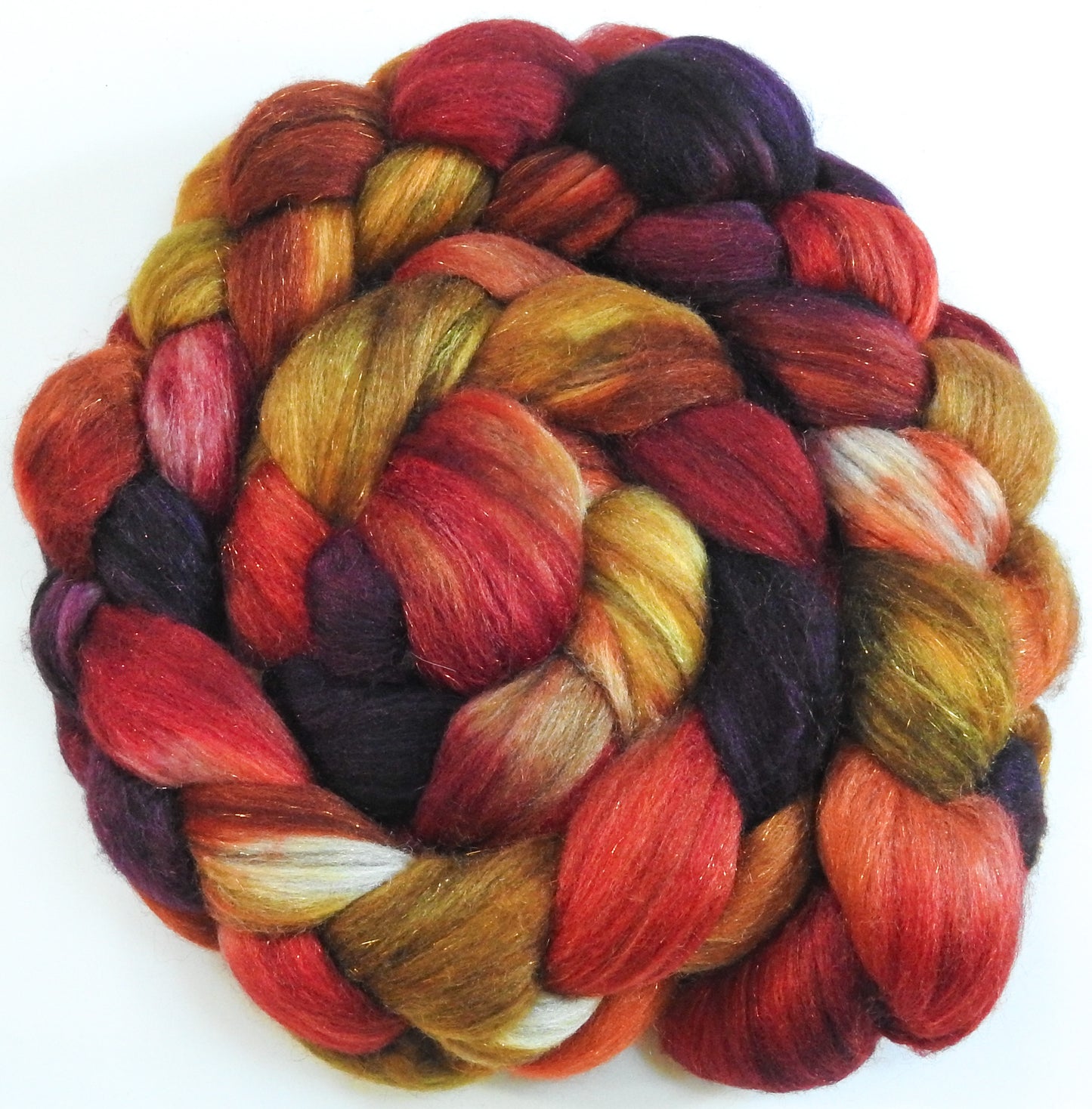 Gathering Leaves -(5.4 oz) Batt in a Braid #53- YAK/ Tussah silk/ Superfine Merino/Gold Stellina(30/30/30/10)