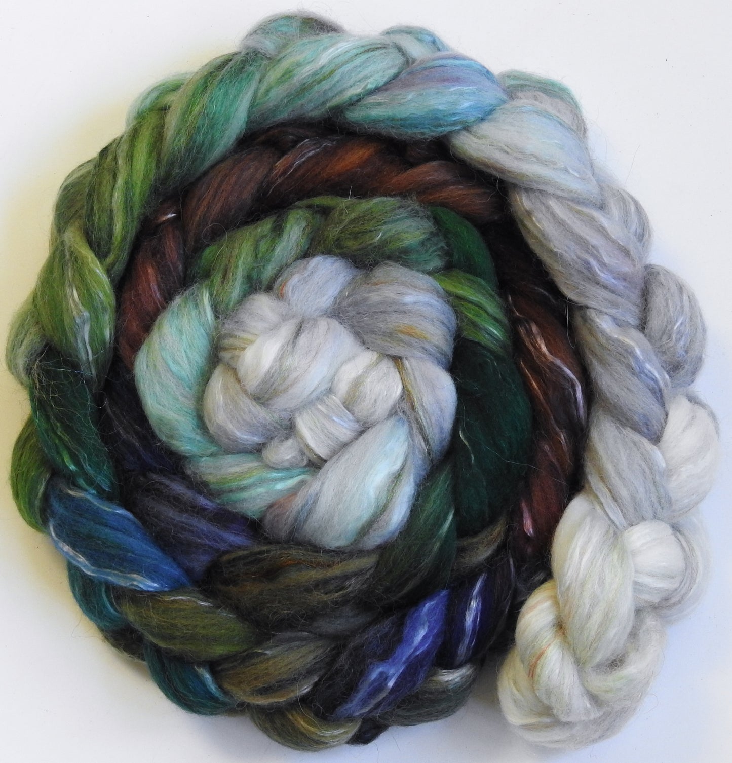 Sleigh Ride (5.4 oz) - Batt in a Braid #31 - Polwarth/ Mulberry Silk / Baby Alpaca / Rainbow Firestar/ Tencel( 40/25/15/10/10)