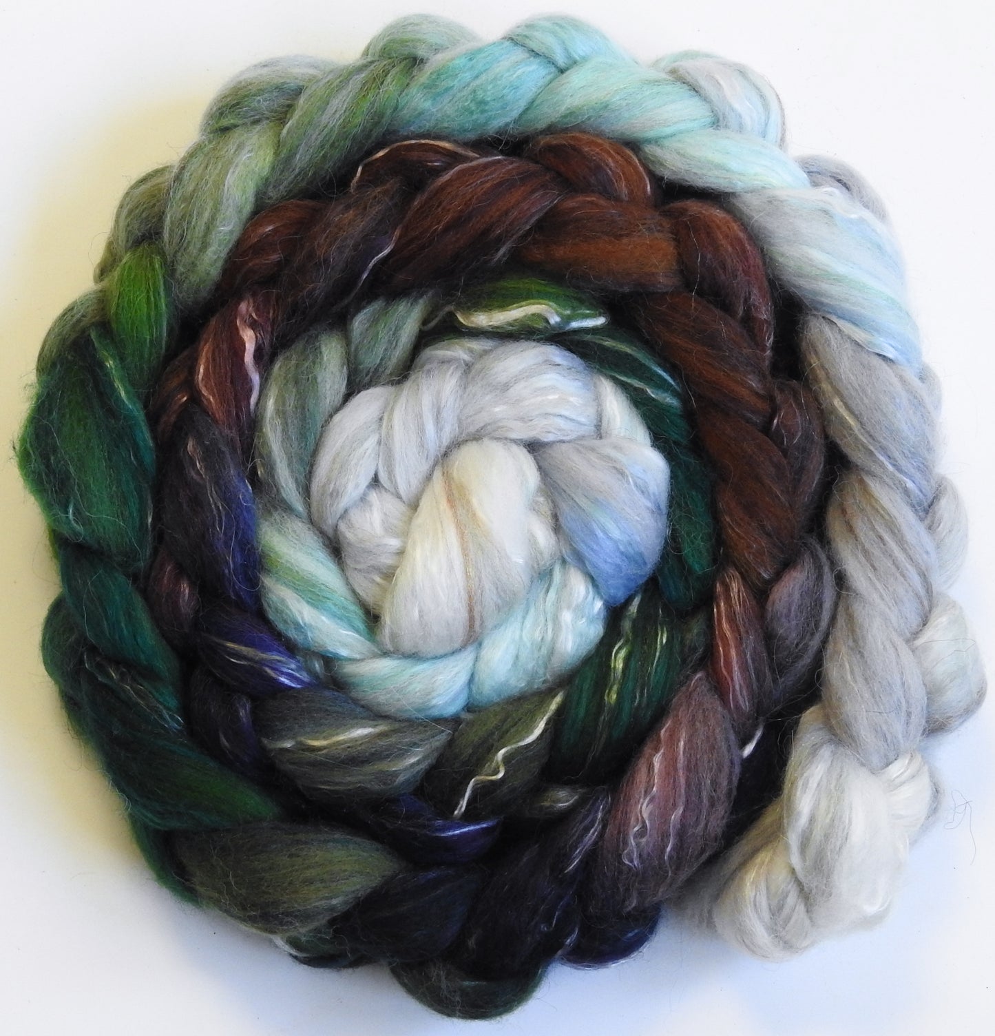 Sleigh Ride (5.4 oz) - Batt in a Braid #31 - Polwarth/ Mulberry Silk / Baby Alpaca / Rainbow Firestar/ Tencel( 40/25/15/10/10)