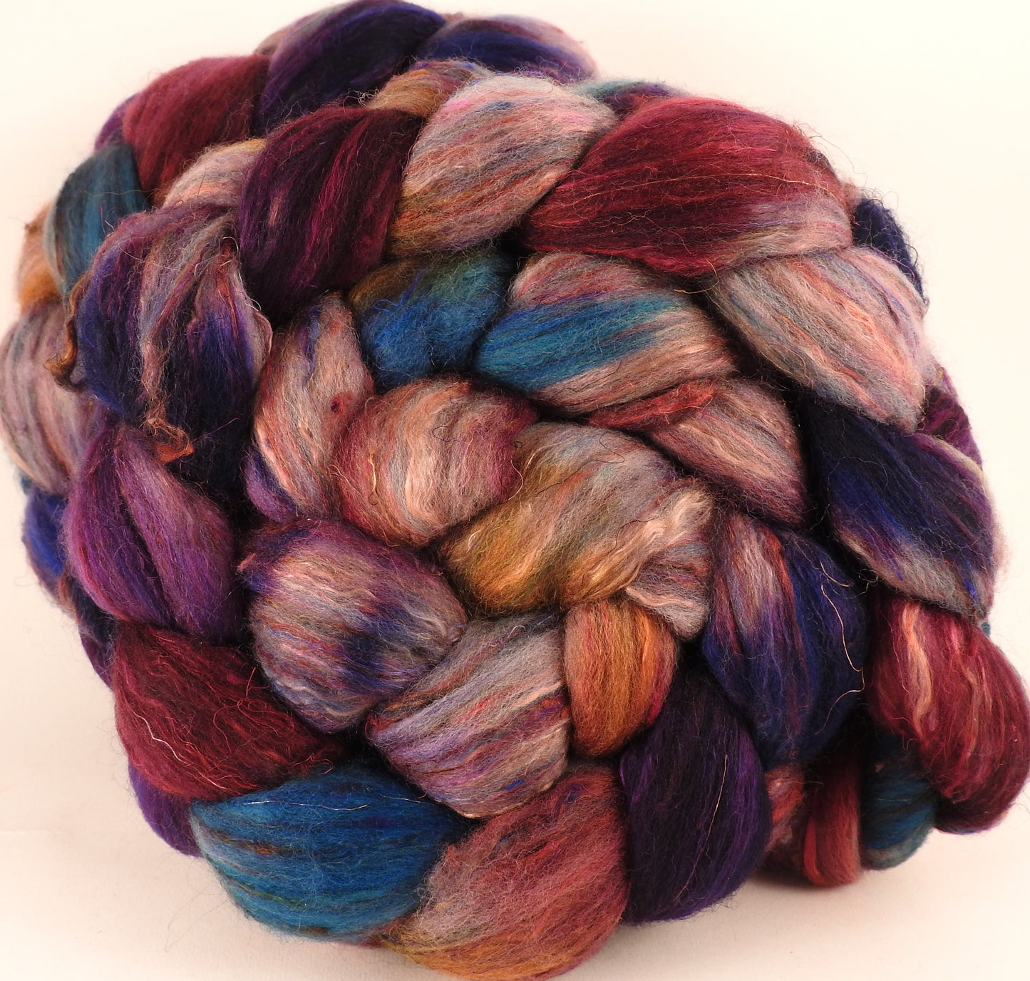 Batt in a Braid #39- Batik -(5.1 oz.) Falkland Merino/ Mulberry Silk / Sari Silk (50/25/25) - Inglenook Fibers