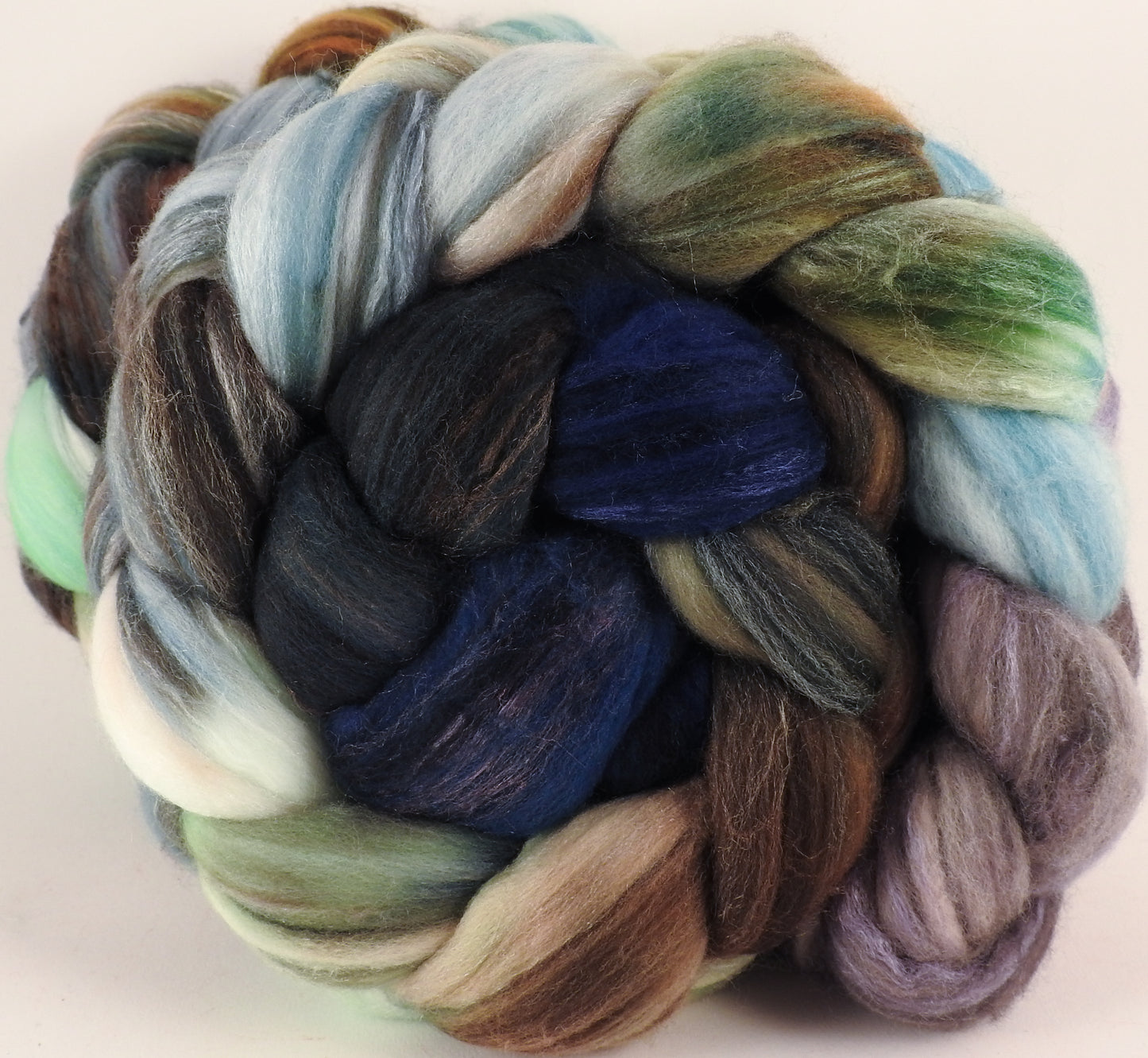 Batt in a Braid #35 - Downpour - (5.1 oz.) Sw Merino (18.5 mic) /Merino (18.5 mic) / Tussah Silk (40/40/20) - Inglenook Fibers