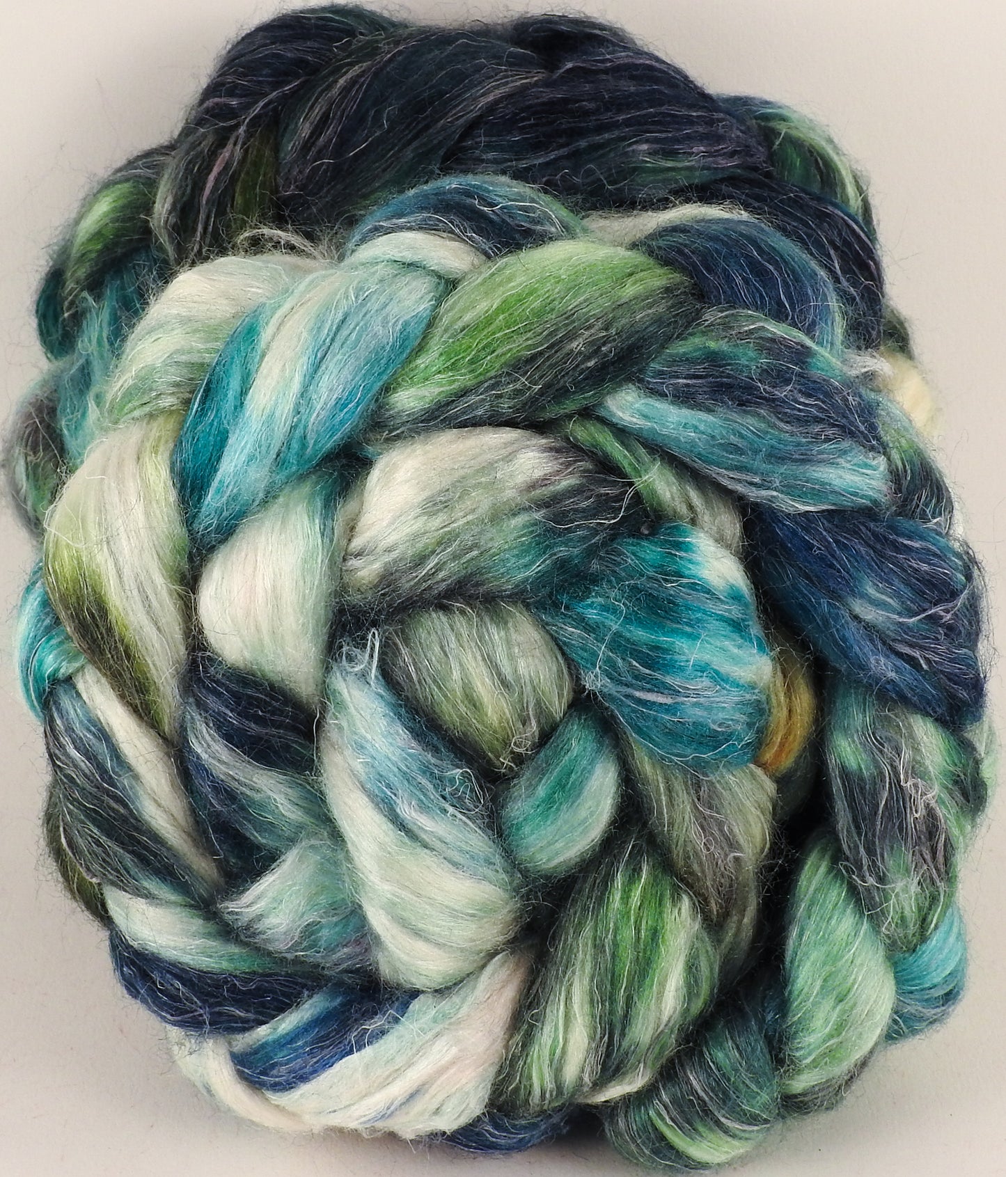 Hand dyed Tussah Silk / flax roving - Kraken - (65/35) - Inglenook Fibers