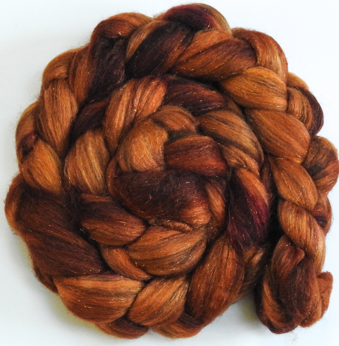 Foxy -Glazed Solid-(5.5 oz) Batt in a Braid #53- YAK/ Tussah silk/ Superfine Merino/Gold Stellina(30/30/30/10)