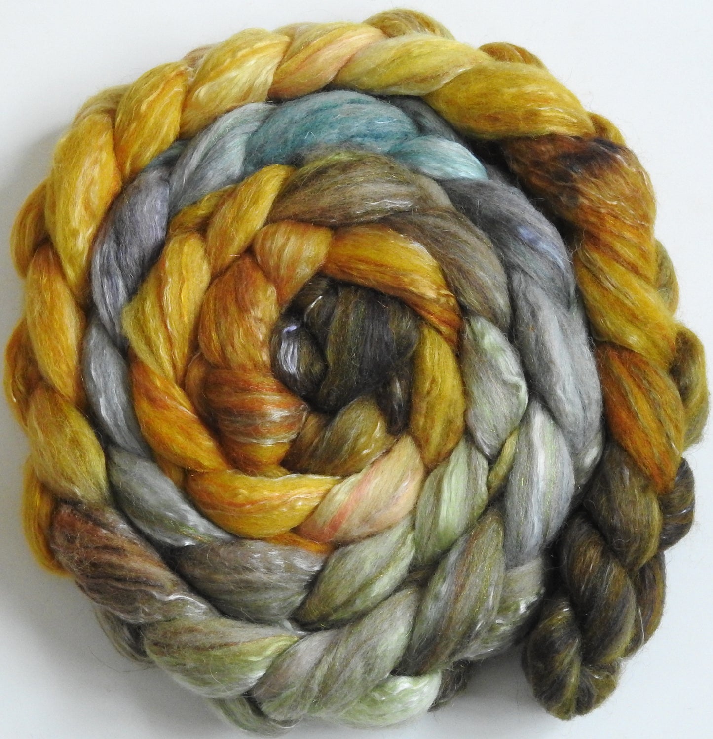 Tarnished - Batt in a Braid #31 - Polwarth/ Mulberry Silk / Baby Alpaca / Rainbow Firestar/ Tencel( 40/25/15/10/10)