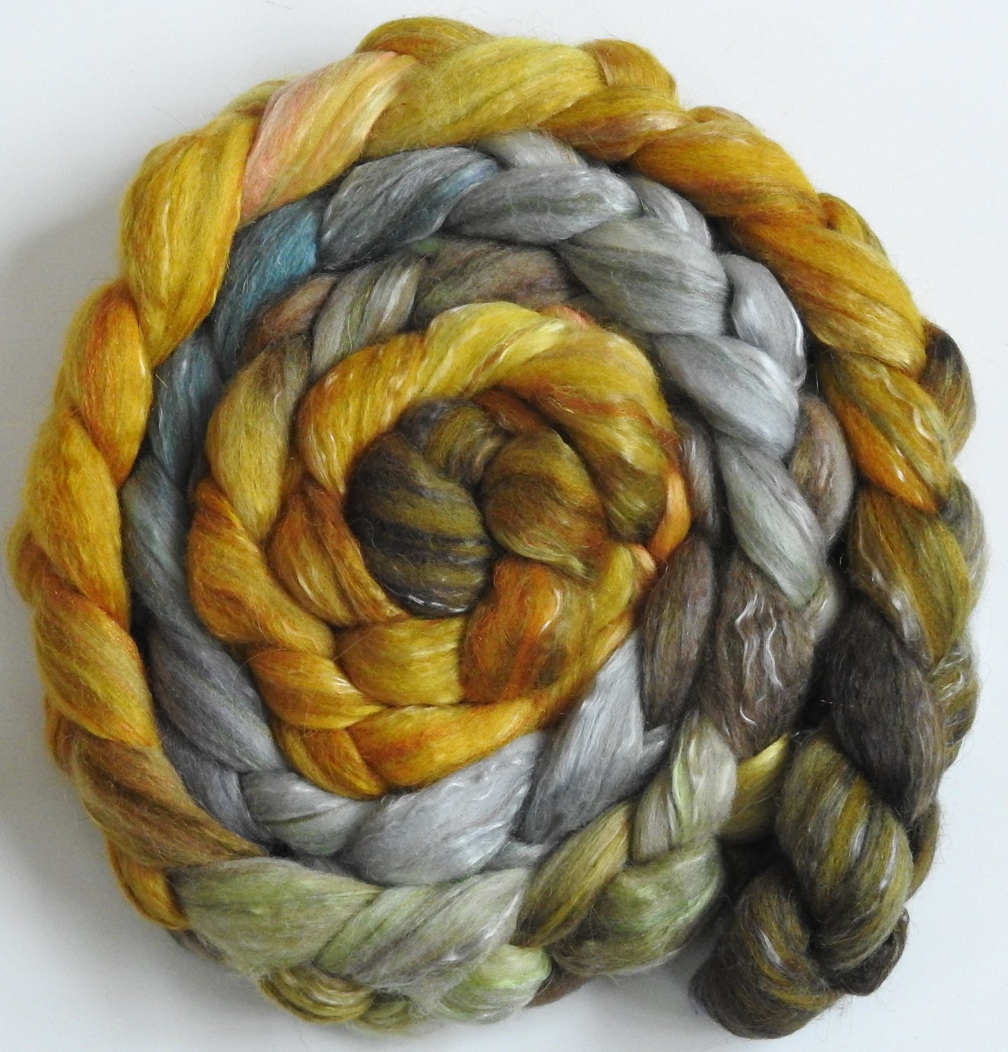 Tarnished - Batt in a Braid #31 - Polwarth/ Mulberry Silk / Baby Alpaca / Rainbow Firestar/ Tencel( 40/25/15/10/10)