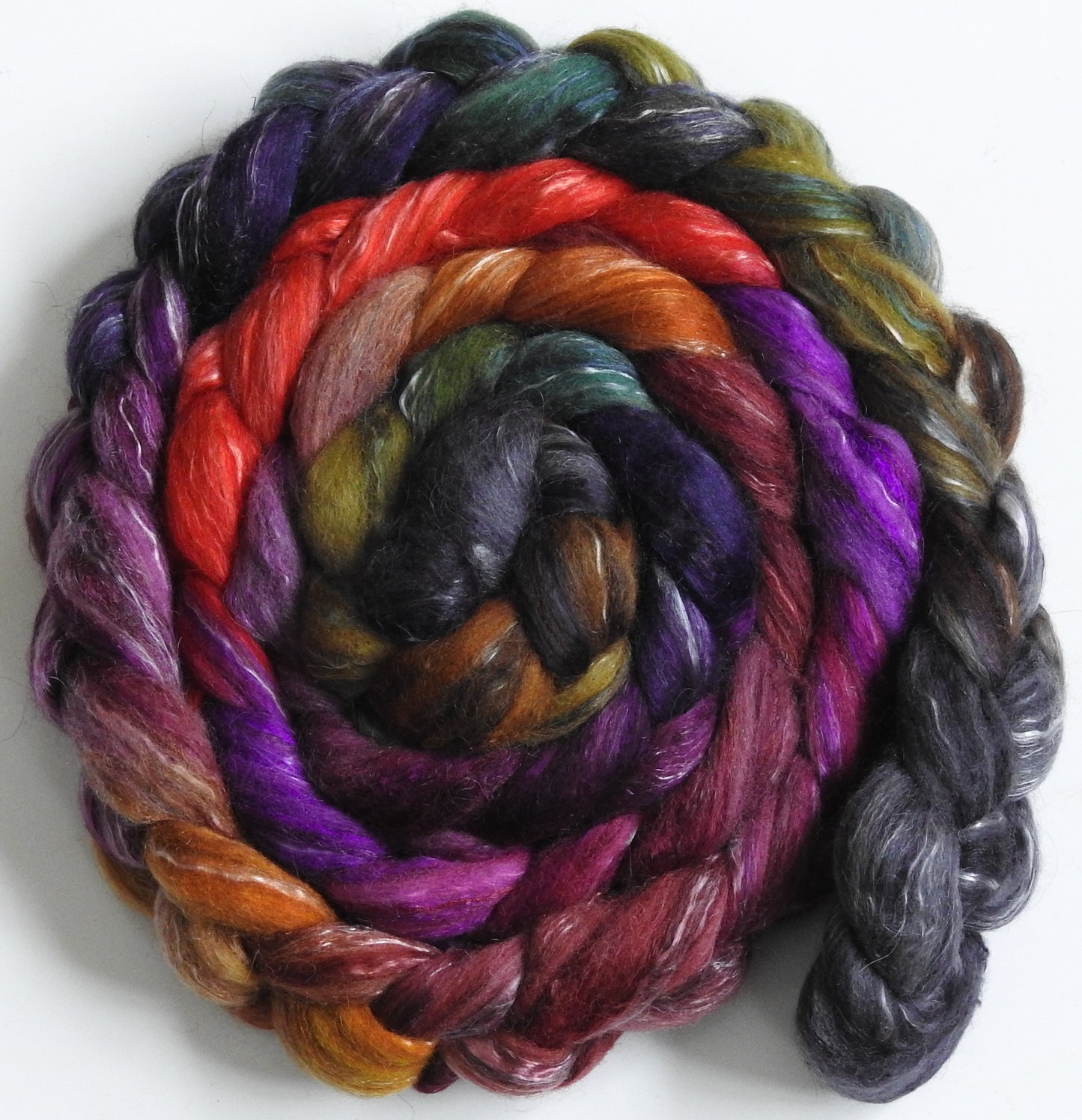 Out on the Town (5.6 oz) - Batt in a Braid #31 - Polwarth/ Mulberry Silk / Baby Alpaca / Rainbow Firestar/ Tencel( 40/25/15/10/10)