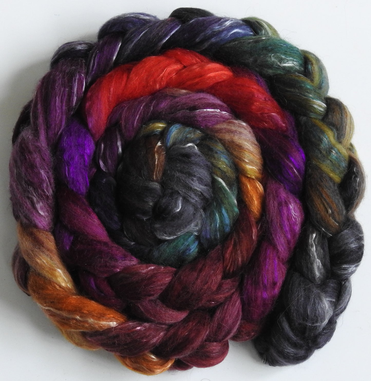 Out on the Town (5.6 oz) - Batt in a Braid #31 - Polwarth/ Mulberry Silk / Baby Alpaca / Rainbow Firestar/ Tencel( 40/25/15/10/10)
