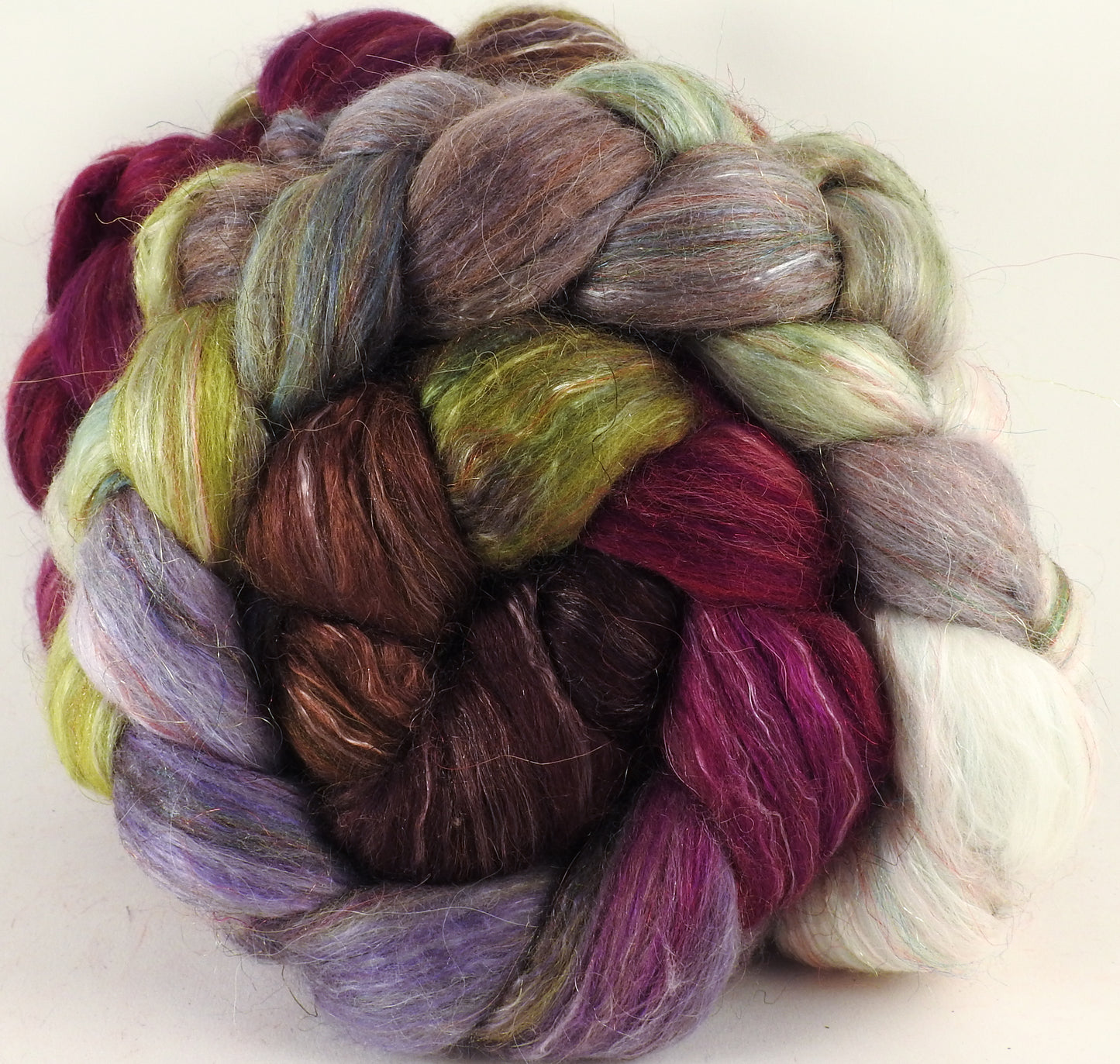 Batt in a Braid #31- Pussy Willow -( 5.8 oz. ) - Polwarth/ Mulberry Silk / Baby Alpaca / Rainbow Firestar/ Tencel( 40/25/15/10/10) - Inglenook Fibers