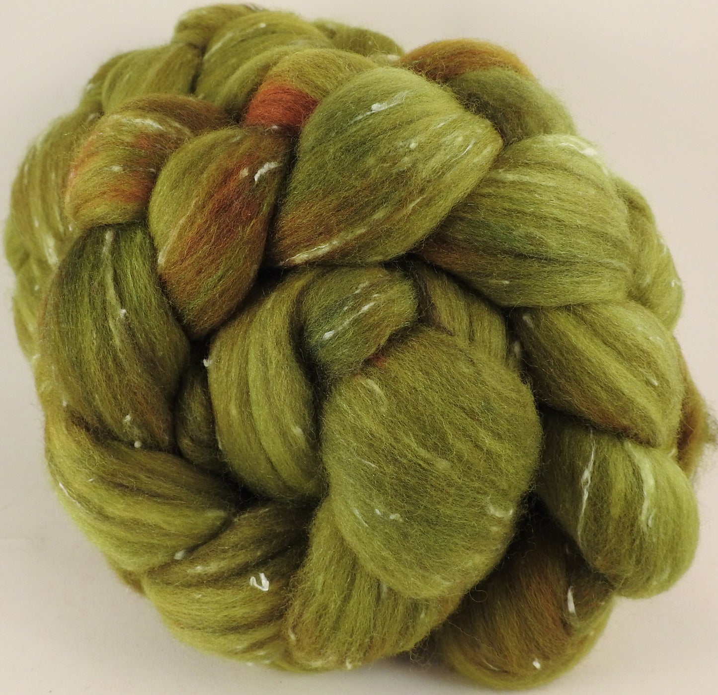 Batt in a Braid #42- Asparagus - Polwarth/ Tweed Blend / Peduncle&Tussah Silk( 50/25/25) - Inglenook Fibers