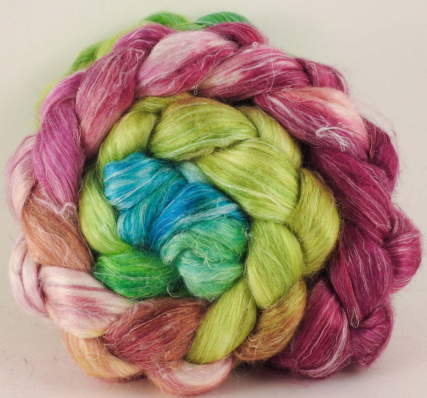 Hand dyed Tussah Silk / flax roving - Luna Moth - (65/35) - Inglenook Fibers
