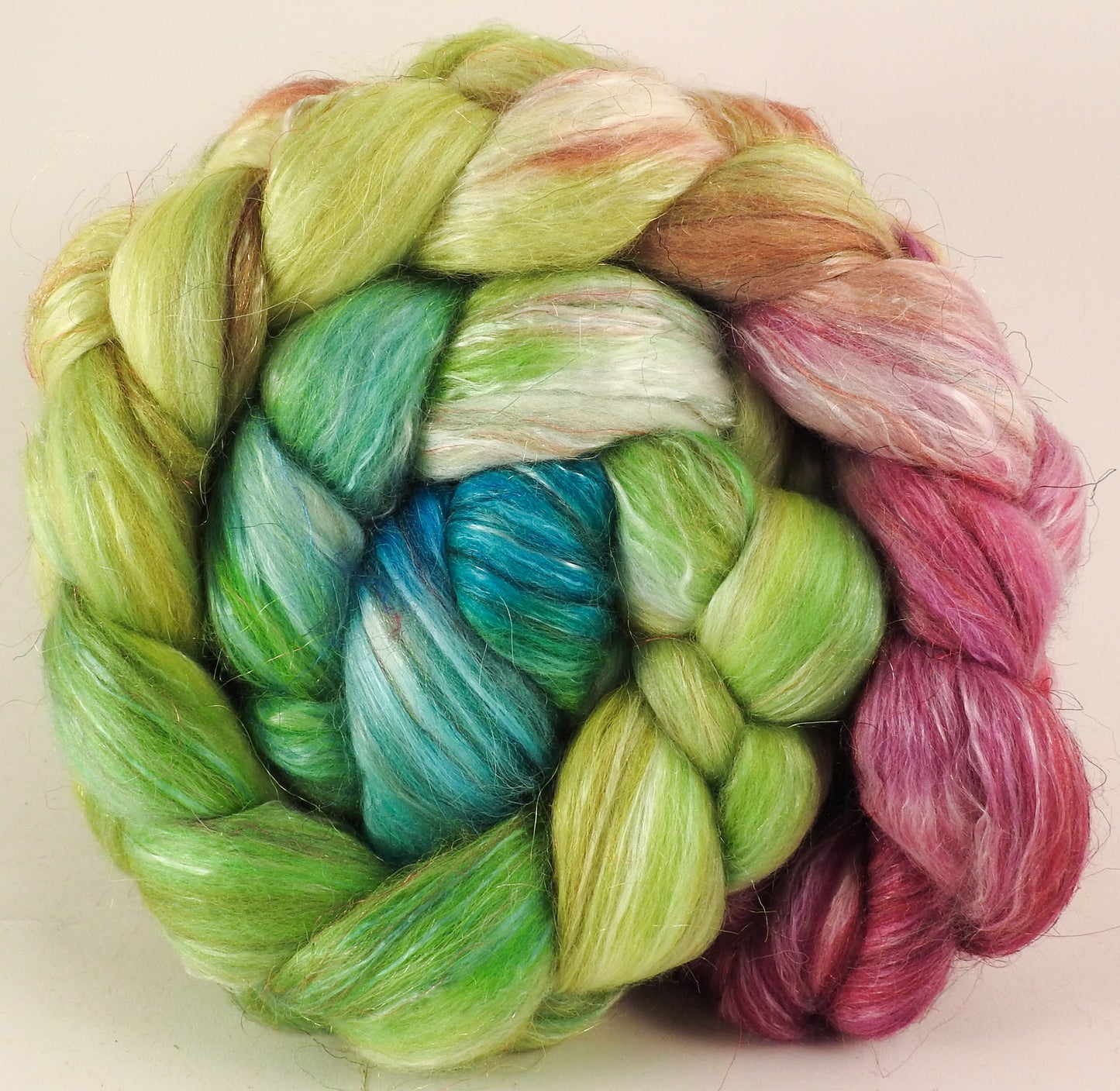 Batt in a Braid #31- Luna Moth -( 6.2 oz. ) - Polwarth/ Mulberry Silk / Baby Alpaca / Rainbow Firestar/ Tencel( 40/25/15/10/10) - Inglenook Fibers