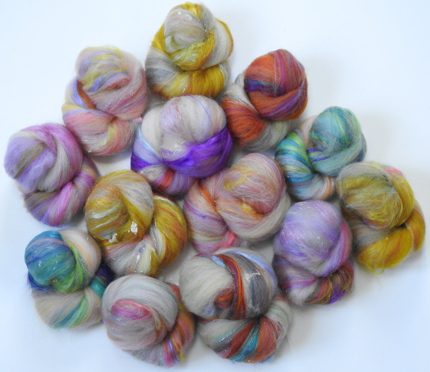 Fairy Cakes- (4.4 oz) Wild and Wooly Sticklebatts -Organic Polwarth, silk,FLAX, wool nepps, angelina, bamboo