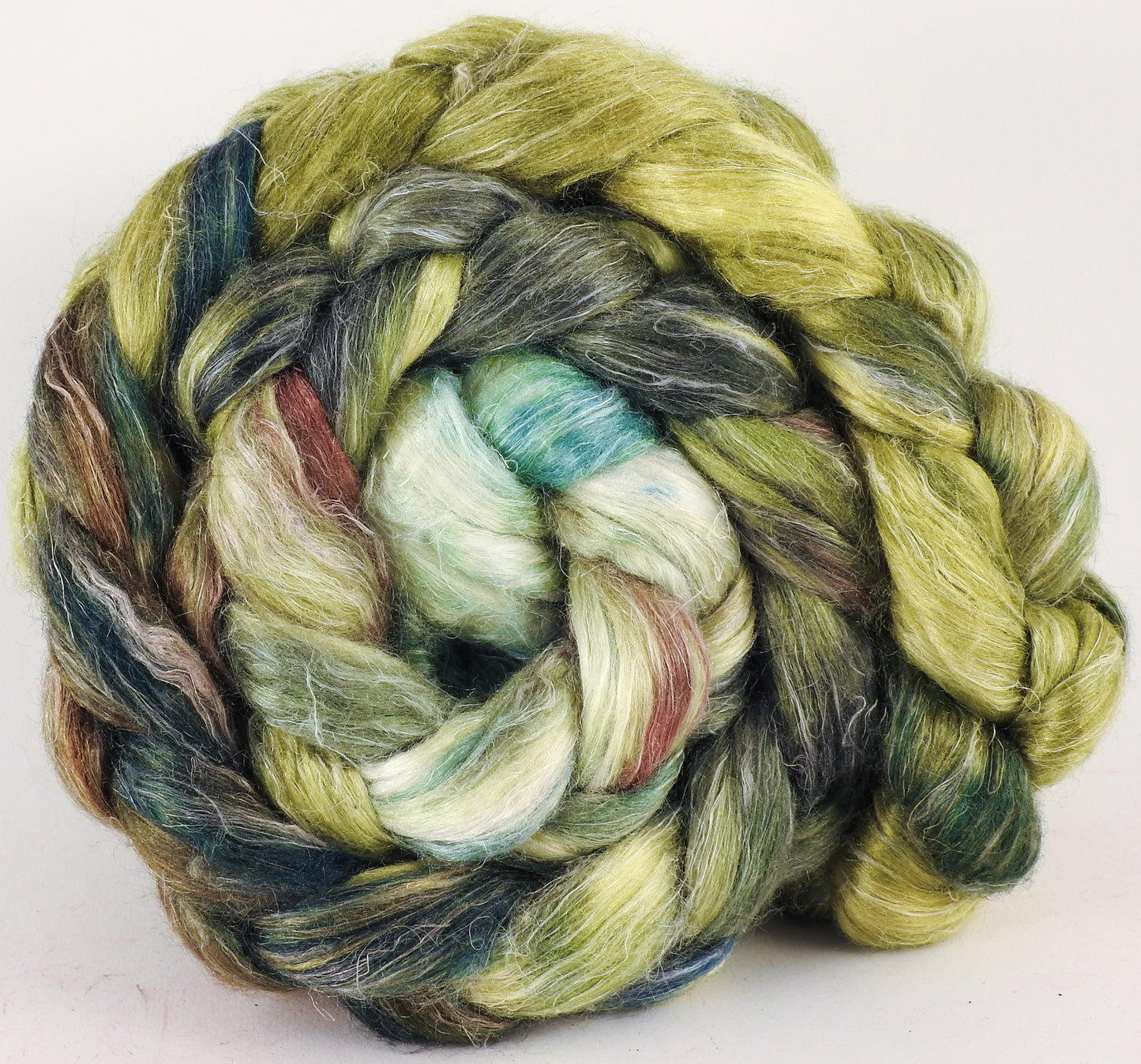 Hand dyed Tussah Silk / flax roving - Thyme - (65/35) - Inglenook Fibers