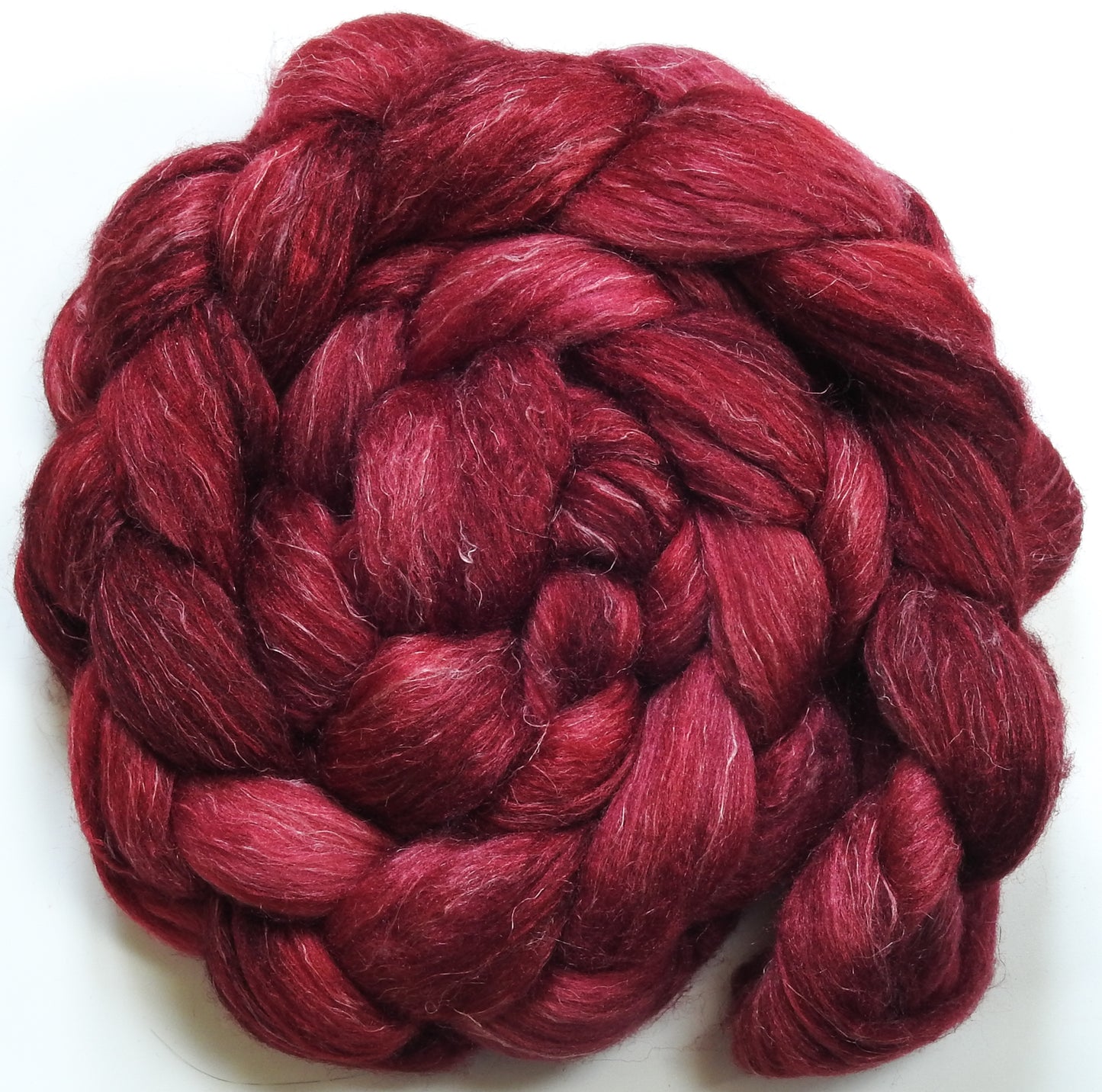 Crimson (5.5 oz) - Batt in a Braid #3 - Polwarth/ Tussah Silk/ Flax (40/40/20)
