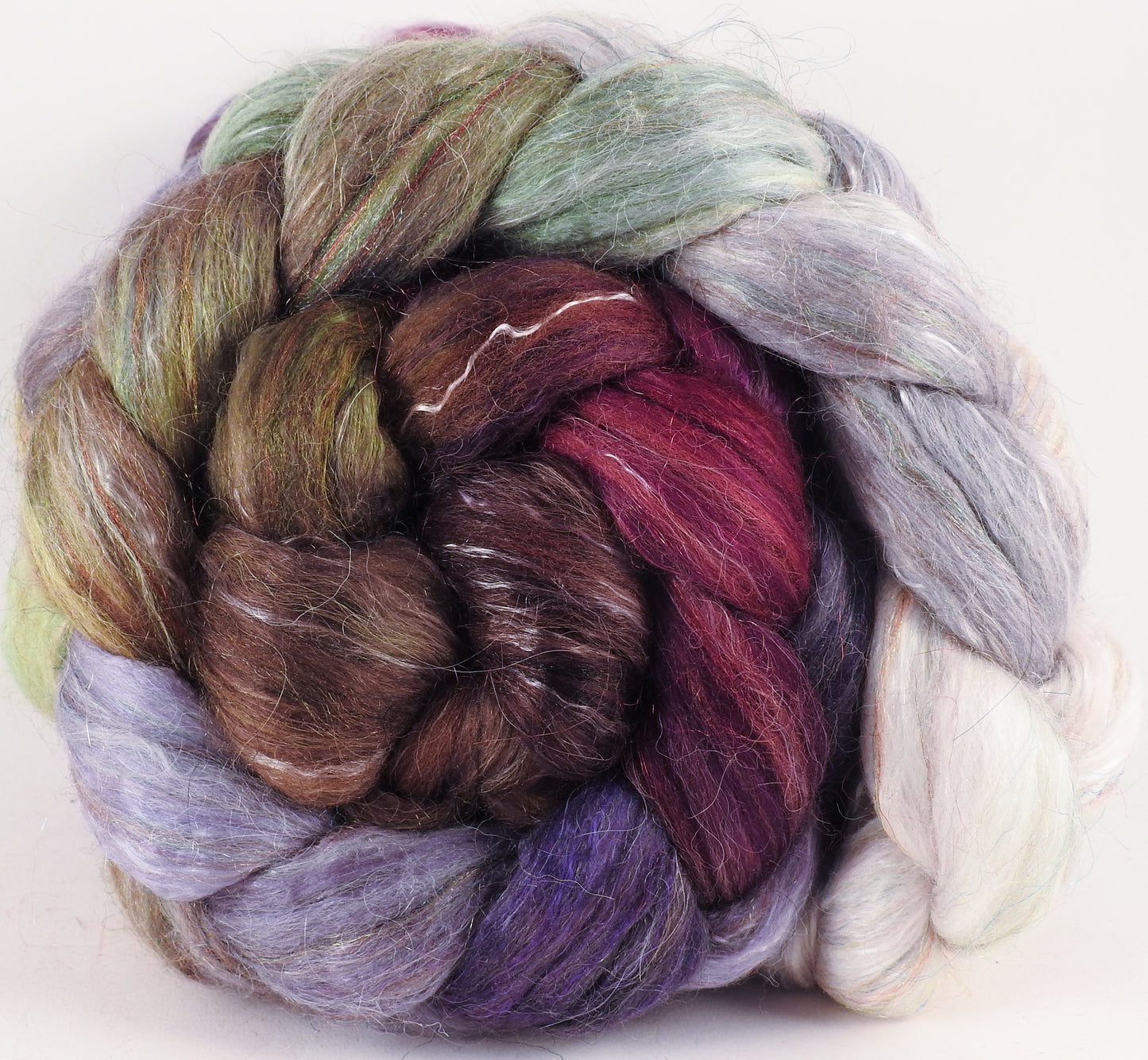 Batt in a Braid #31- Pussy Willow - Polwarth/ Mulberry Silk / Baby Alpaca / Rainbow Firestar/ Tencel( 40/25/15/10/10) - Inglenook Fibers