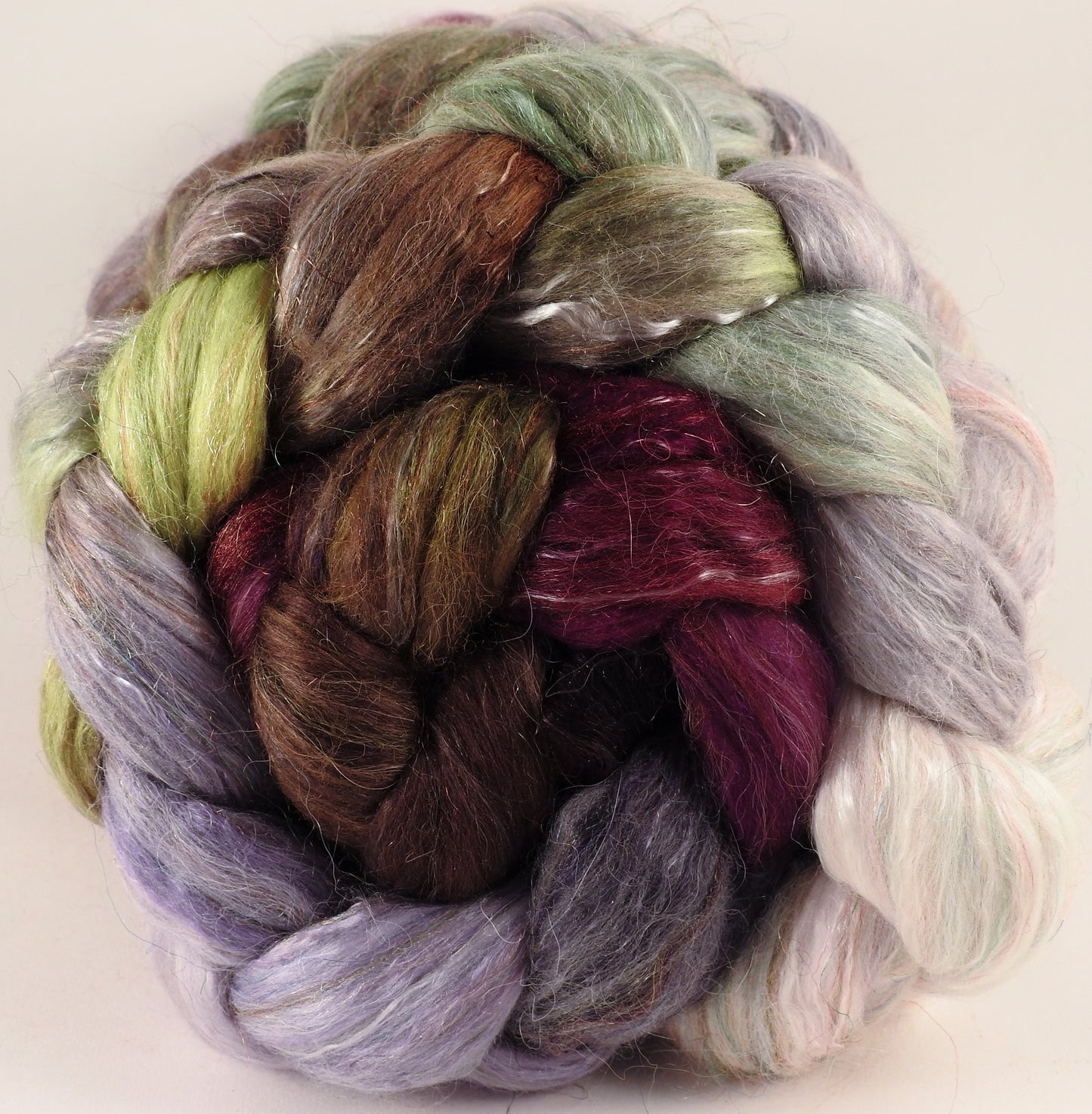 Batt in a Braid #31- Pussy Willow - Polwarth/ Mulberry Silk / Baby Alpaca / Rainbow Firestar/ Tencel( 40/25/15/10/10) - Inglenook Fibers