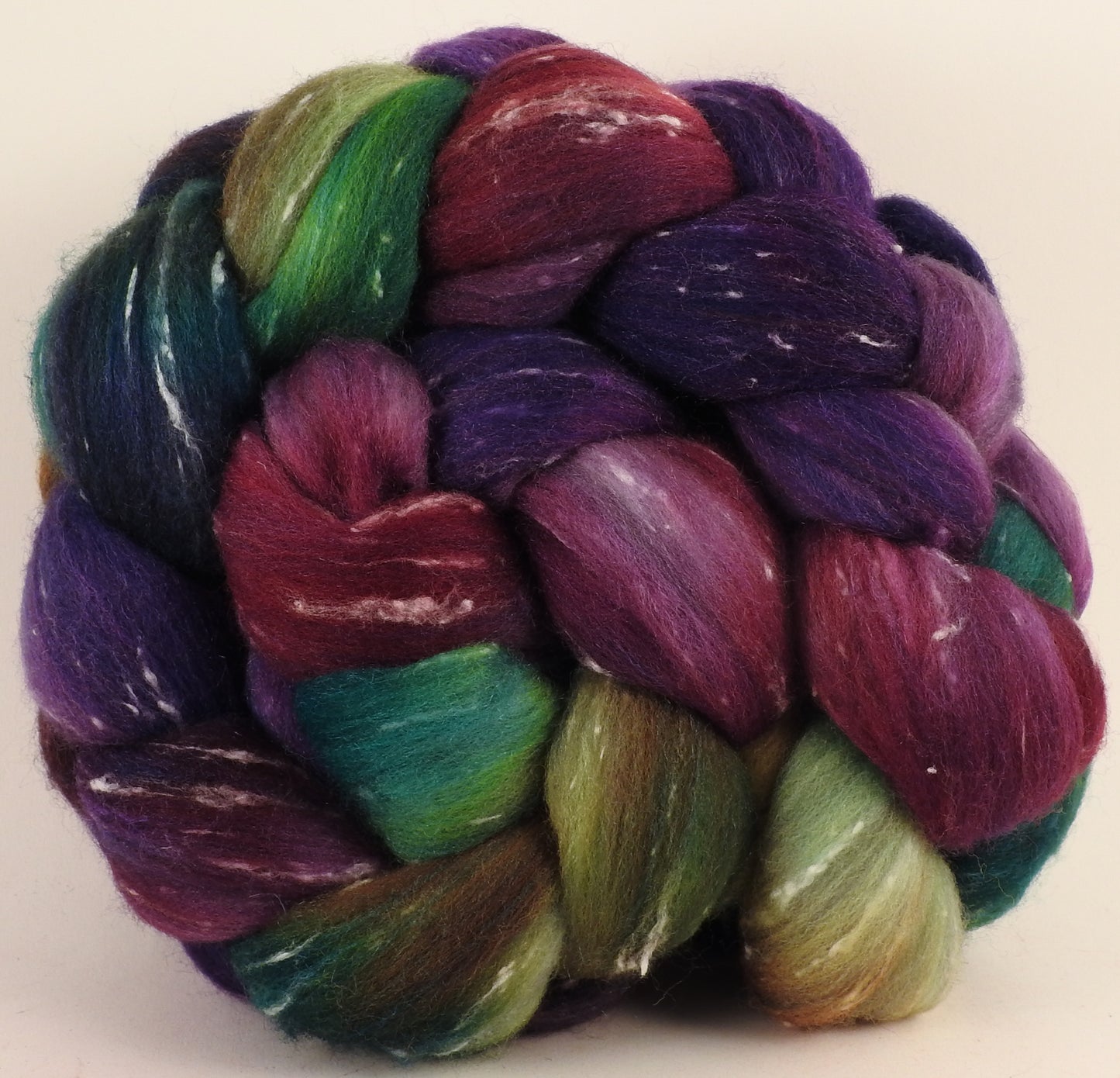 Batt in a Braid #42- Mary, Mary, Quite Contrary - Polwarth/ Tweed Blend / Peduncle&Tussah Silk( 50/25/25) - Inglenook Fibers