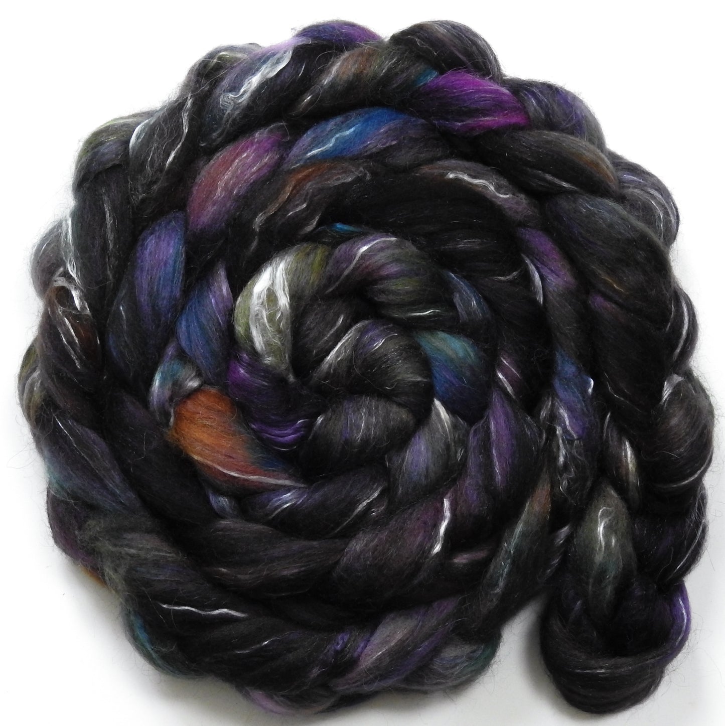 Wednesday (6.2 oz) - Batt in a Braid #31 - Polwarth/ Mulberry Silk / Baby Alpaca / Rainbow Firestar/ Tencel( 40/25/15/10/10)