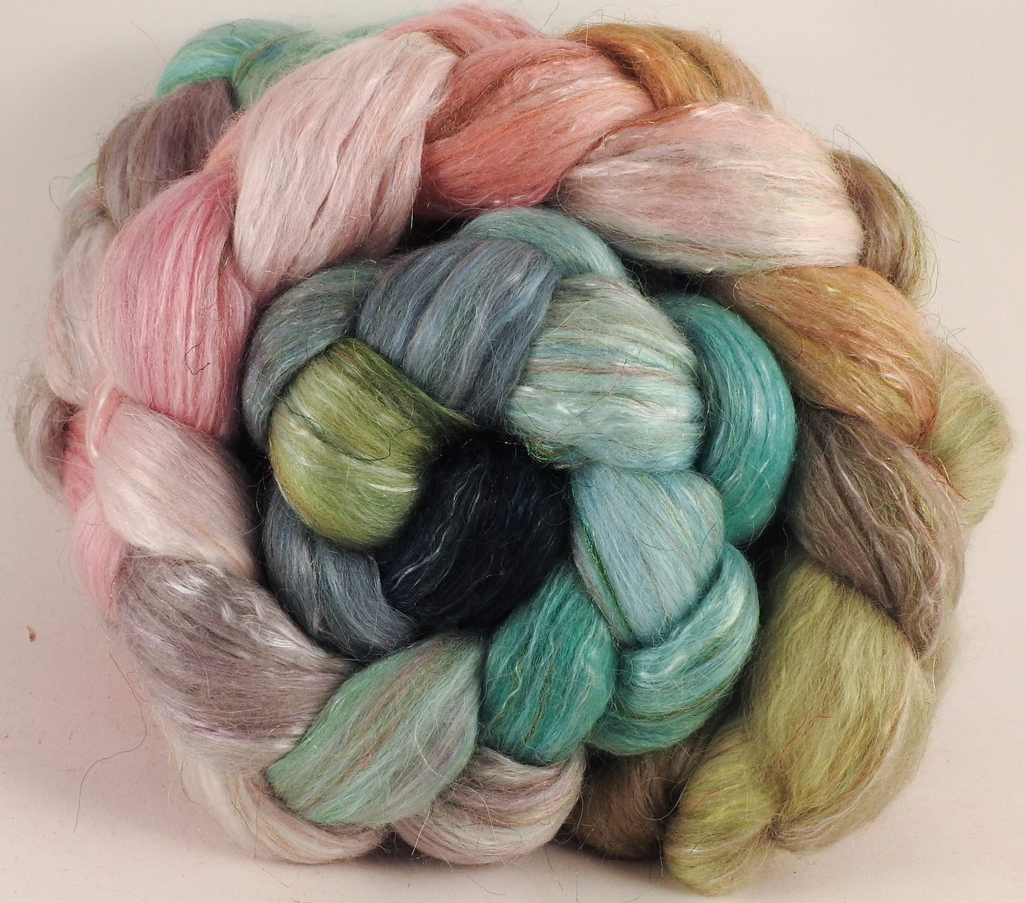 Batt in a Braid #31- Shabby Chic (5.3) - Polwarth/ Mulberry Silk / Baby Alpaca / Rainbow Firestar/ Tencel( 40/25/15/10/10) - Inglenook Fibers