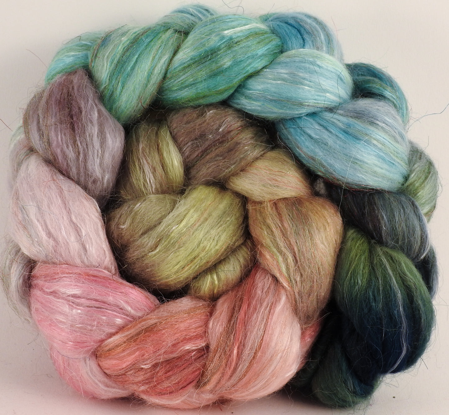 Batt in a Braid #31- Shabby Chic (5.3) - Polwarth/ Mulberry Silk / Baby Alpaca / Rainbow Firestar/ Tencel( 40/25/15/10/10) - Inglenook Fibers