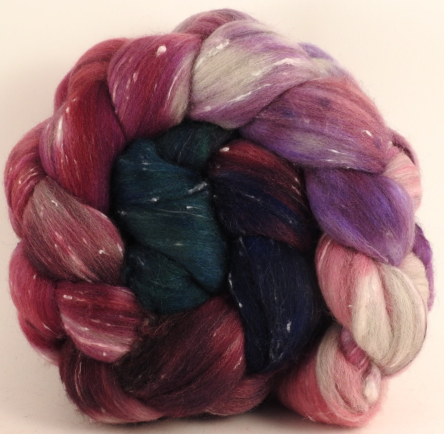 Batt in a Braid #42- Framboise -(5.5 oz) Polwarth/ Tweed Blend / Peduncle&Tussah Silk( 50/25/25) - Inglenook Fibers