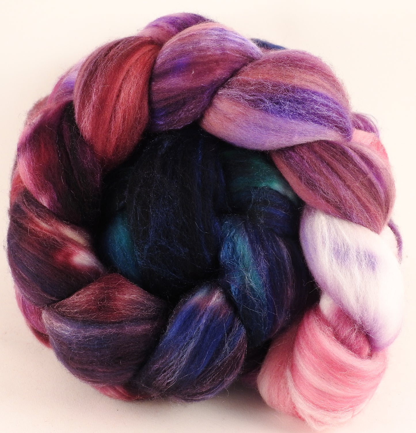Batt in a Braid #35 - Framboise (5.2 oz.) - Sw Merino (18.5 mic) /Merino (18.5 mic) / Tussah Silk (40/40/20) - Inglenook Fibers