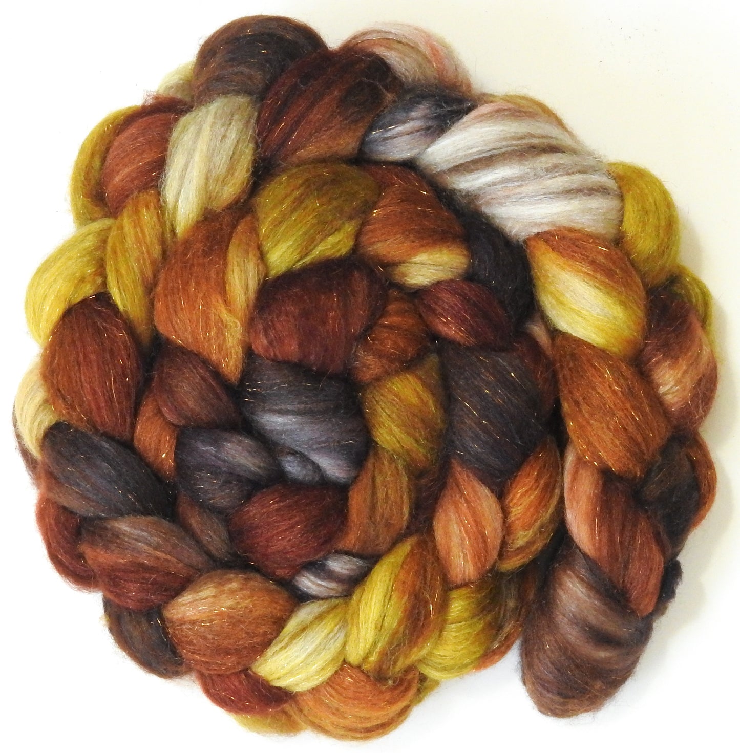 Beechnut - Batt in a Braid #53- YAK/ Tussah silk/ Superfine Merino/Gold Stellina(30/30/30/10)