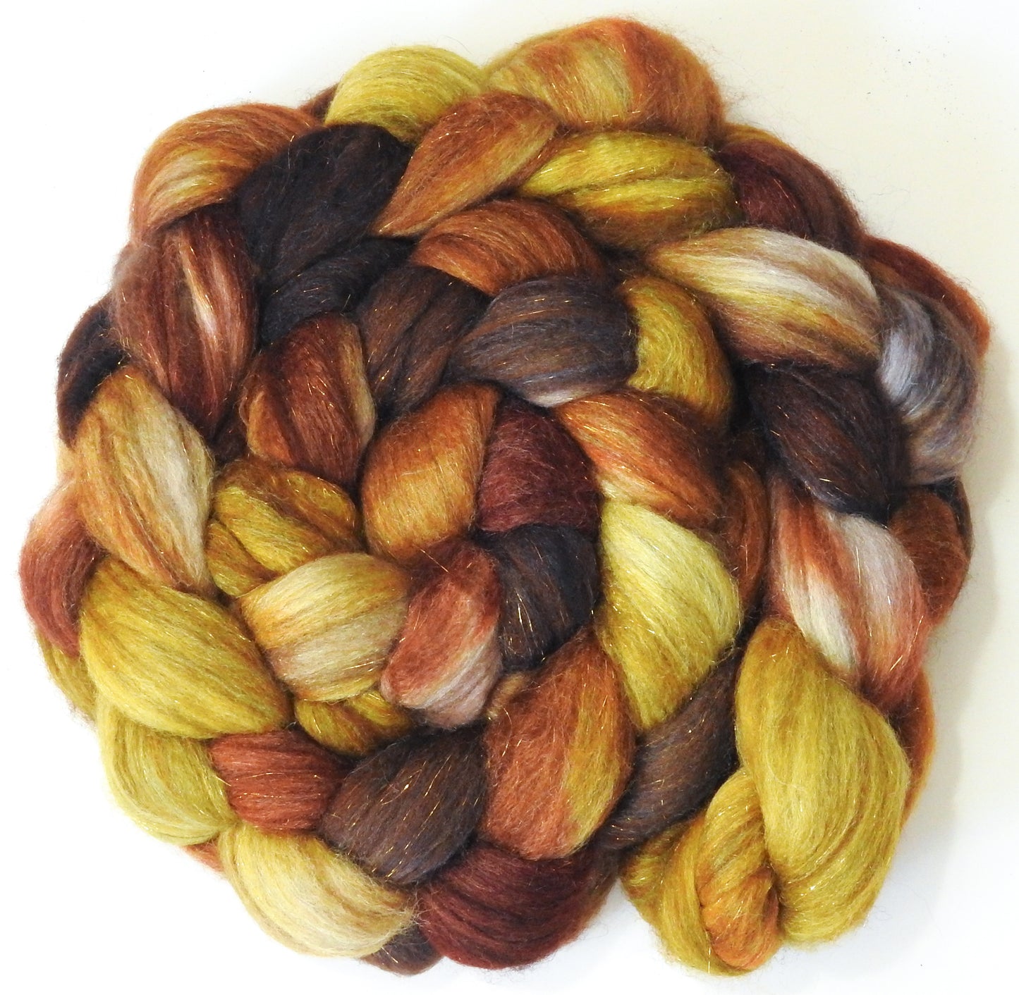 Beechnut - Batt in a Braid #53- YAK/ Tussah silk/ Superfine Merino/Gold Stellina(30/30/30/10)