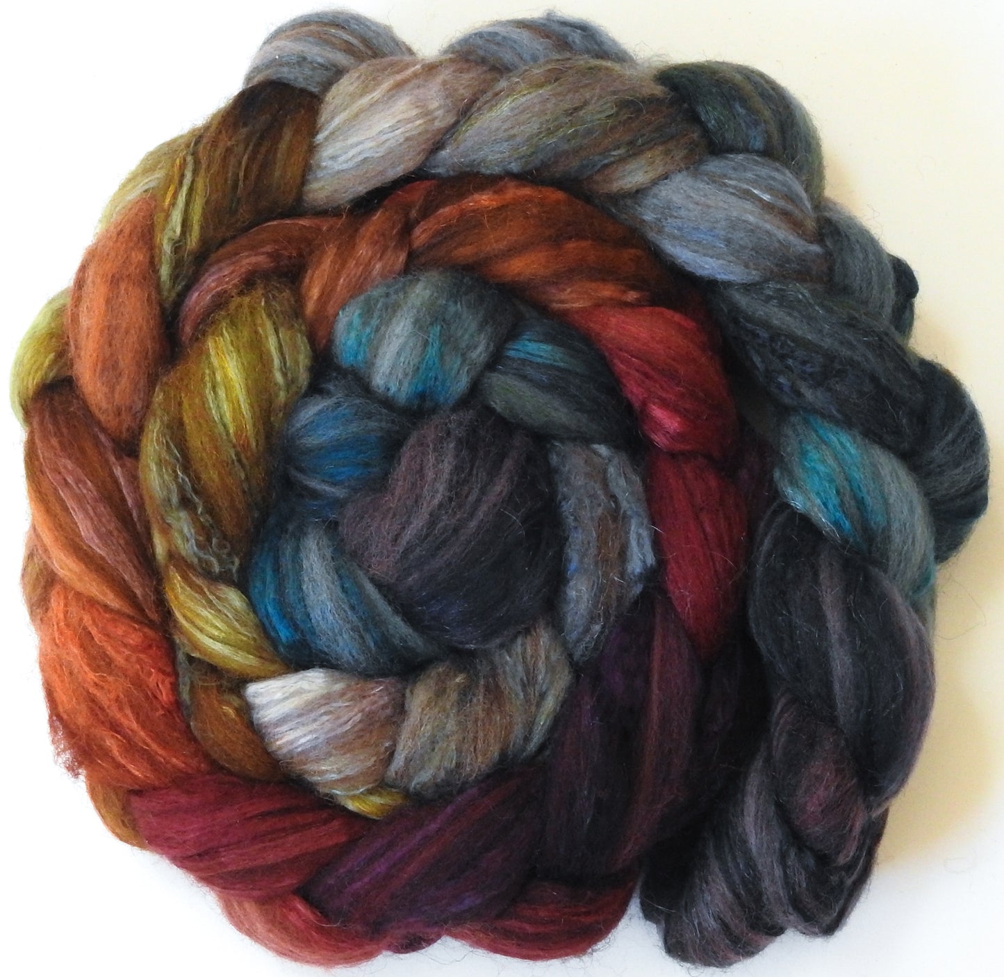 Midst of Fall (5.5 oz) - Batt in a Braid #7 - Polwarth/ Manx / Mulberry silk/ Firestar (30/30/30/10)