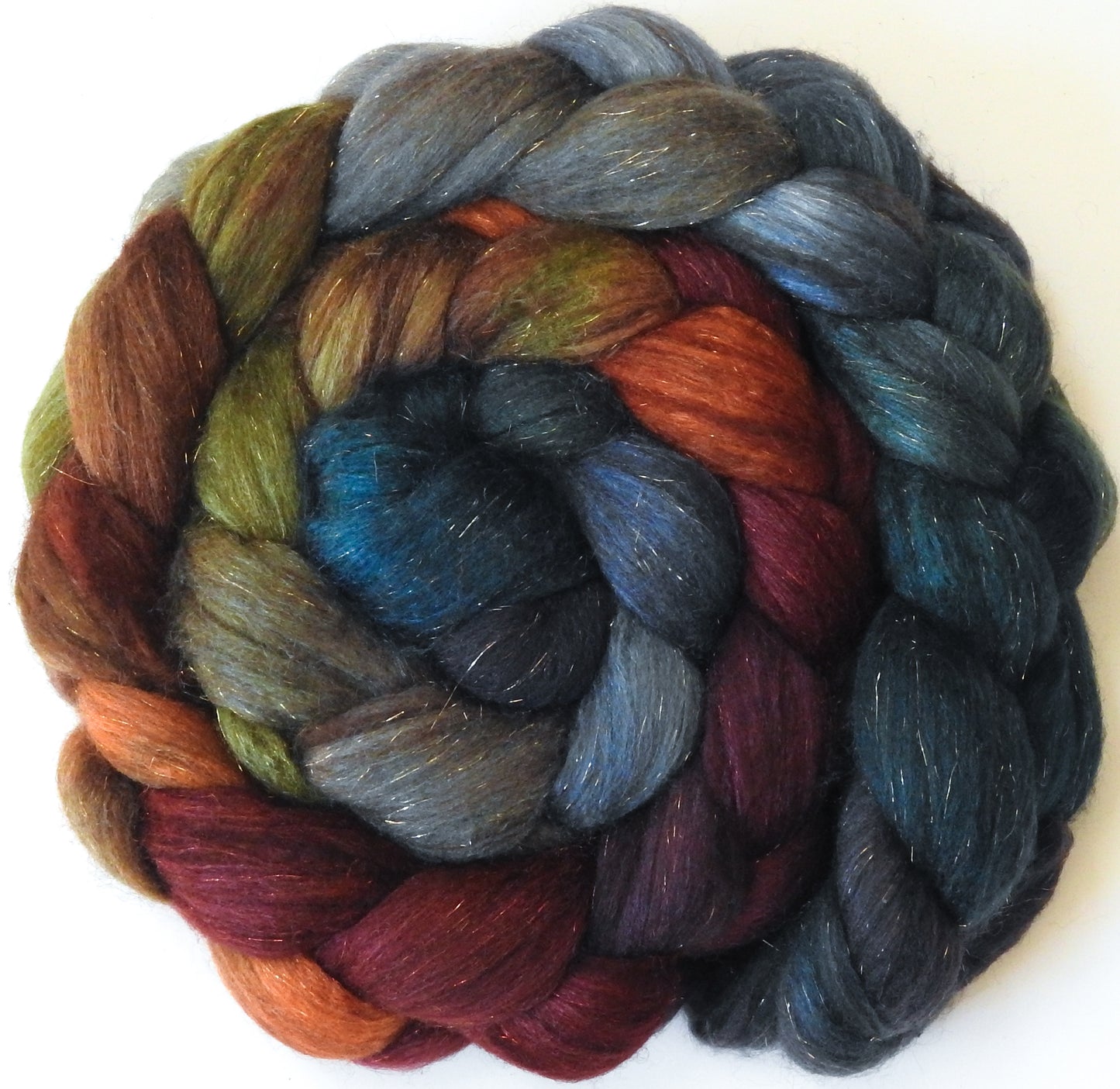 Midst of Fall - Batt in a Braid #53- YAK/ Tussah silk/ Superfine Merino/Gold Stellina(30/30/30/10)