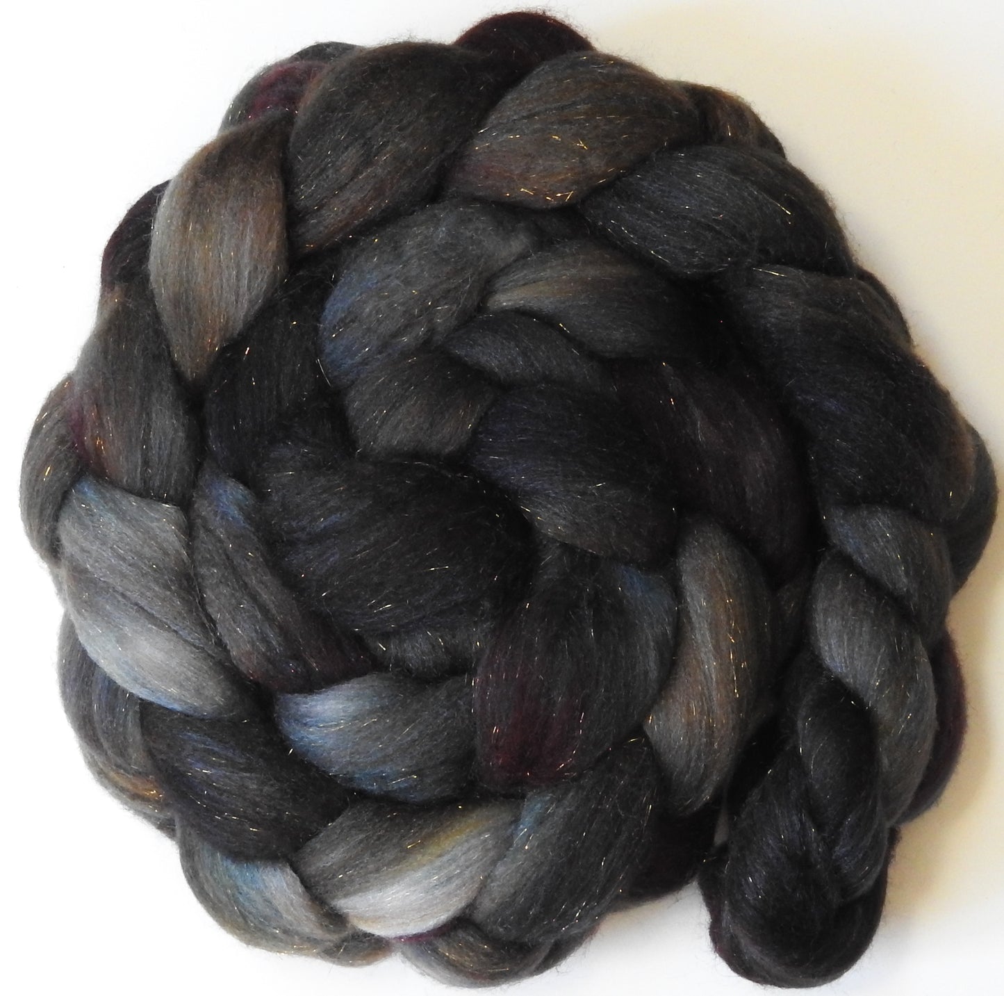 French Roast -(5.6 oz) Batt in a Braid #58-Superfine Merino/ Tussah silk/ Gold Stellina(65/25/10)