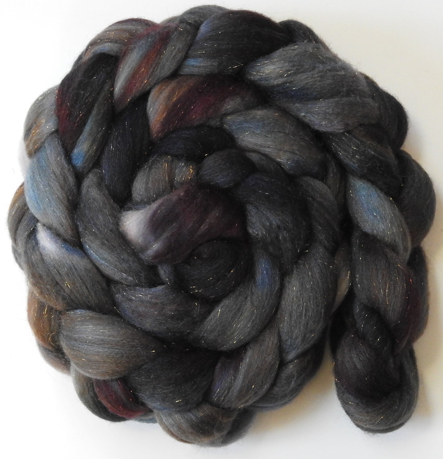 French Roast -(5.6 oz) Batt in a Braid #58-Superfine Merino/ Tussah silk/ Gold Stellina(65/25/10)
