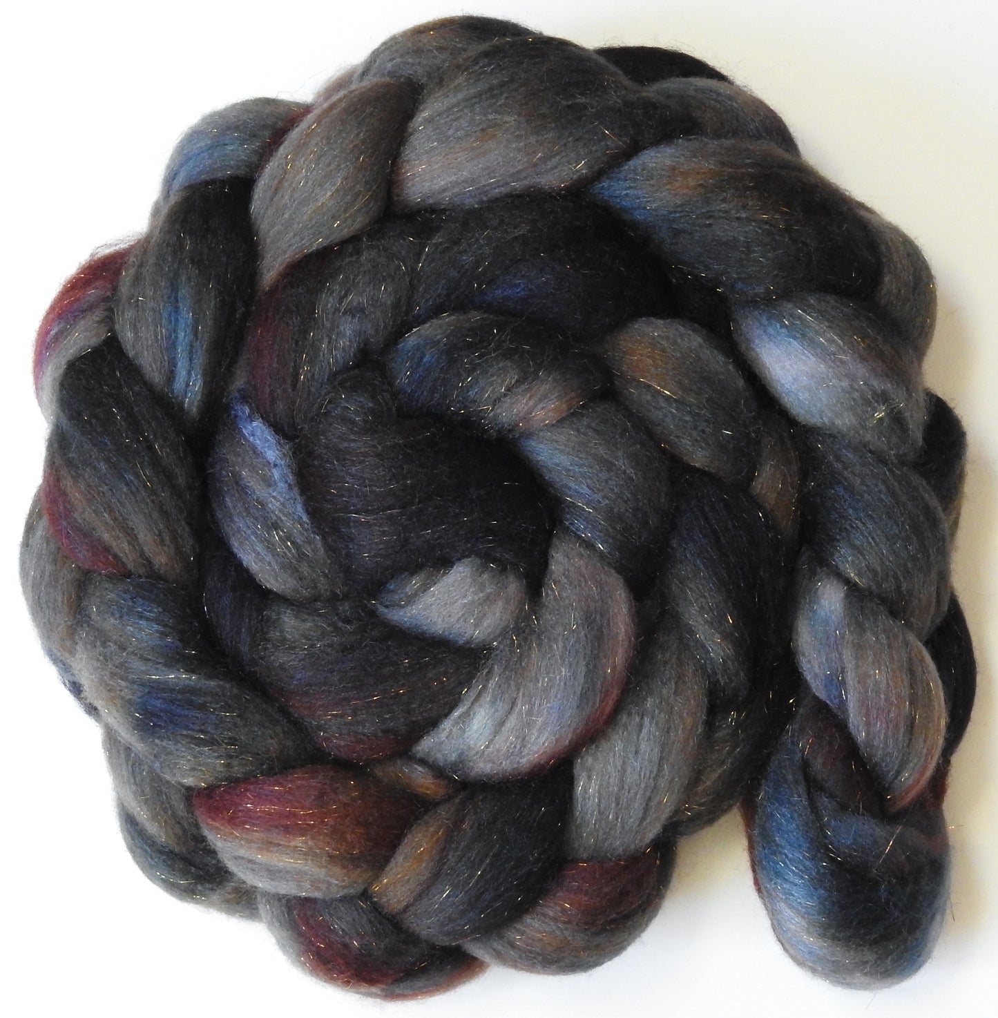 French Roast -(5.6 oz) Batt in a Braid #58-Superfine Merino/ Tussah silk/ Gold Stellina(65/25/10)