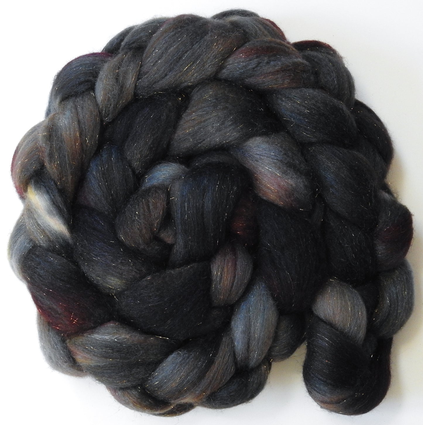 French Roast -(5.6 oz) Batt in a Braid #58-Superfine Merino/ Tussah silk/ Gold Stellina(65/25/10)