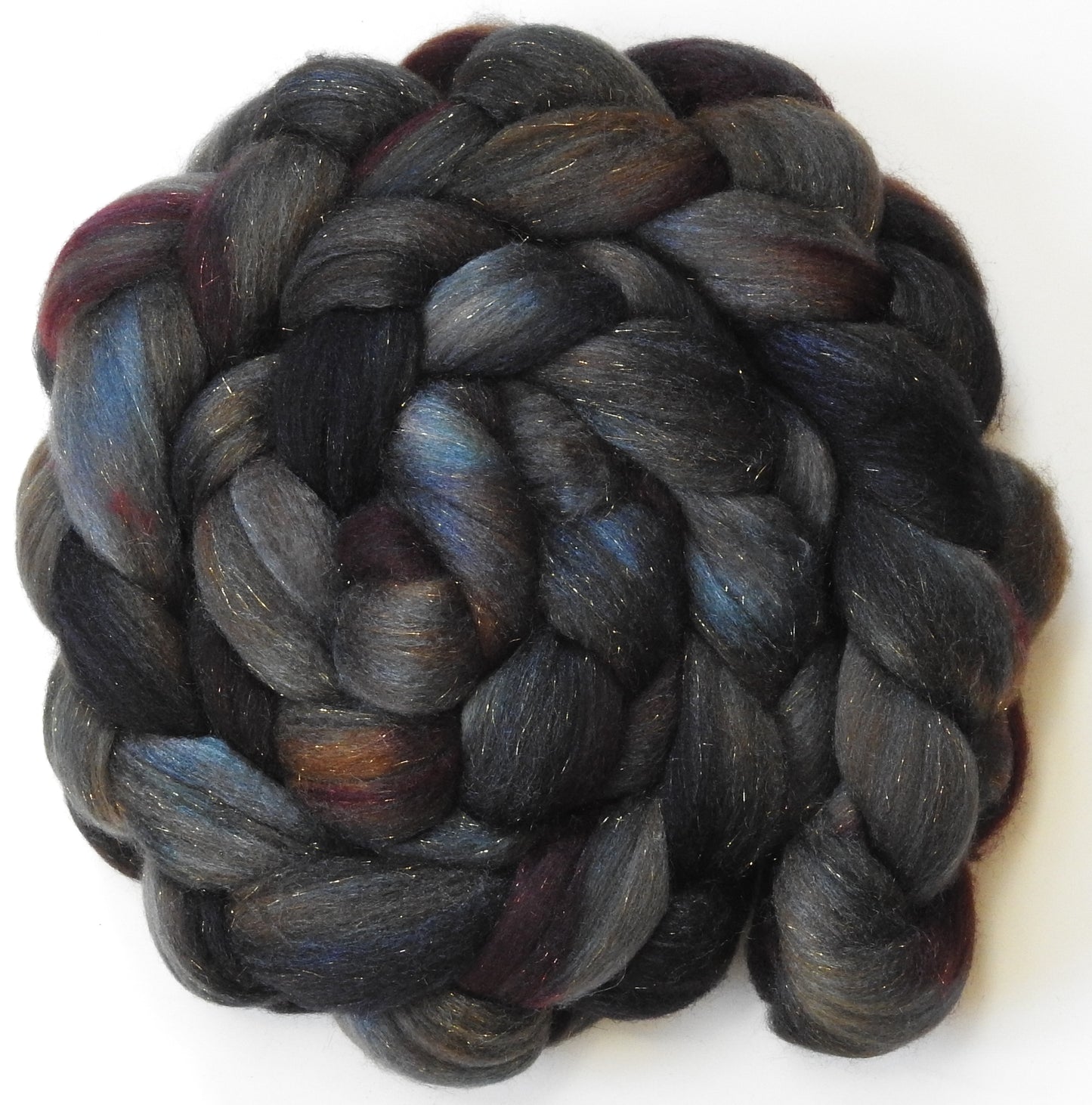 French Roast -(5.6 oz) Batt in a Braid #58-Superfine Merino/ Tussah silk/ Gold Stellina(65/25/10)