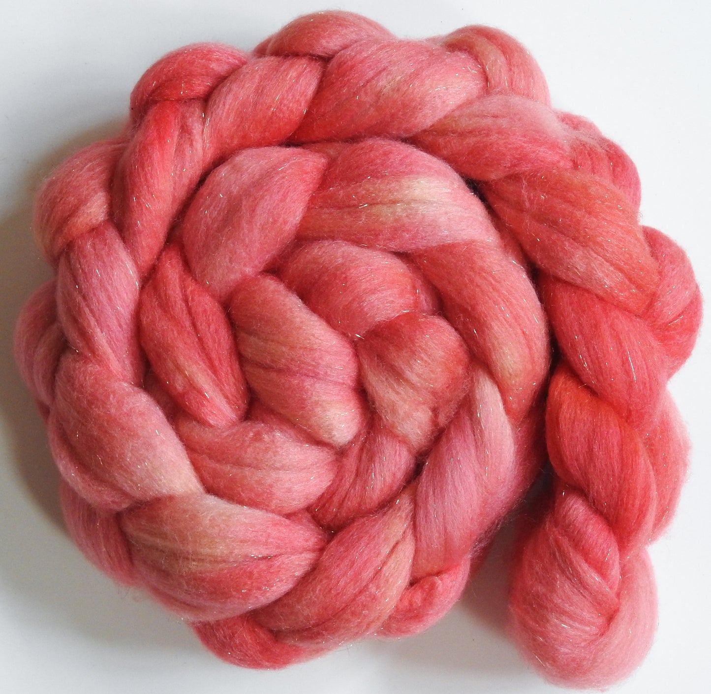 Sugar Coral -(5.6 oz) Batt in a Braid #58-Superfine Merino/ Tussah silk/ Gold Stellina(65/25/10)