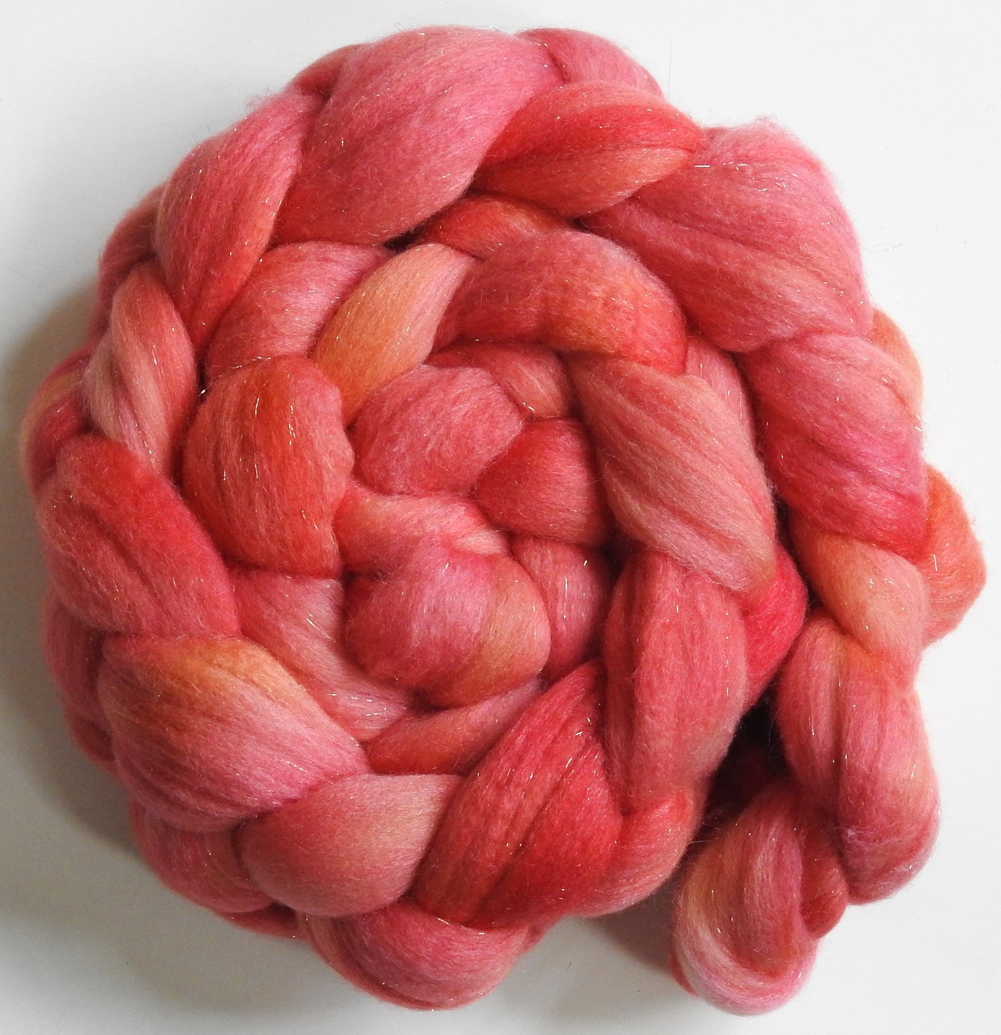 Sugar Coral -(5.6 oz) Batt in a Braid #58-Superfine Merino/ Tussah silk/ Gold Stellina(65/25/10)
