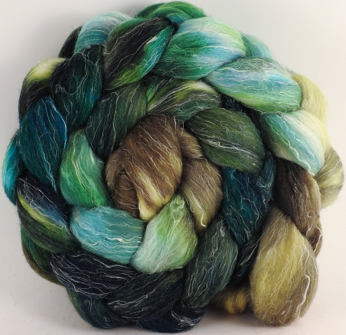 Batt in a Braid #29 - Aventurine (5.4 oz.) - Rambouillet / Tussah / Flax (40/40/20) - Inglenook Fibers