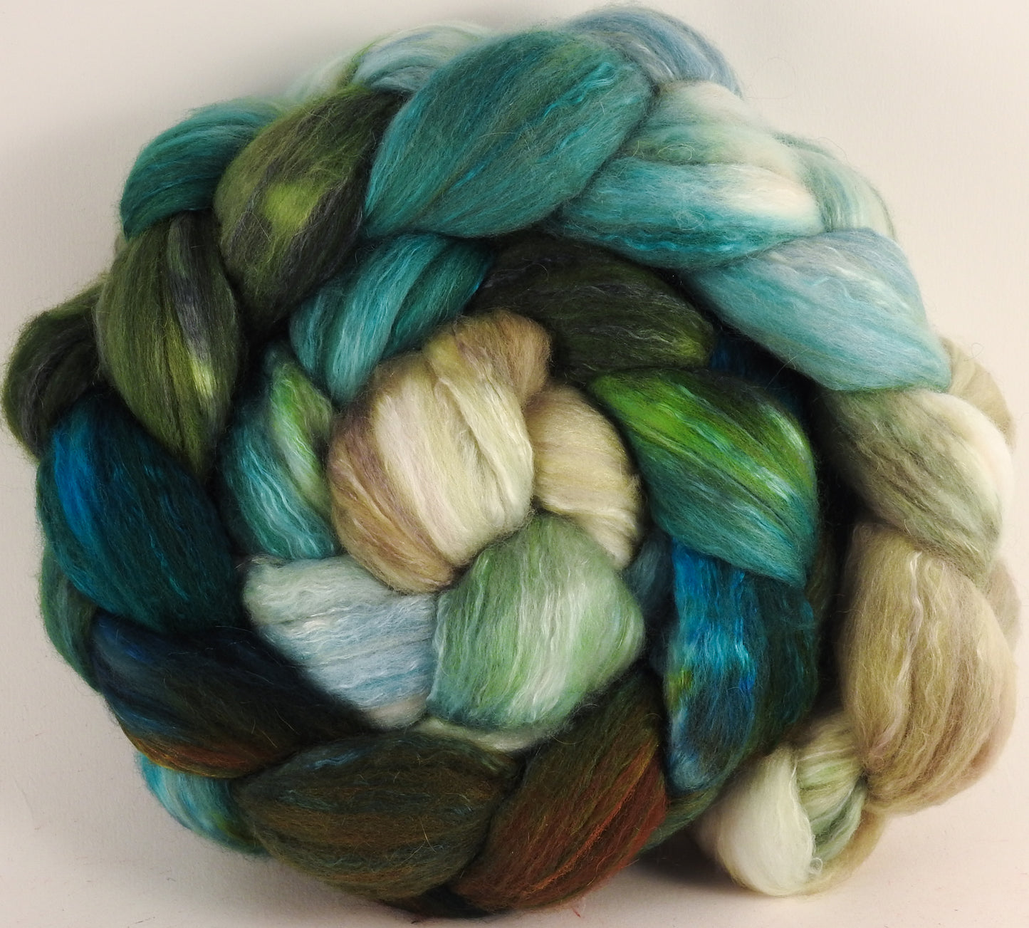 Batt in a Braid #5 - Aventurine -(5.1 oz.) Merino/ Camel/ silk/ faux cashmere/ firestar (25/25/25/12/12) - Inglenook Fibers