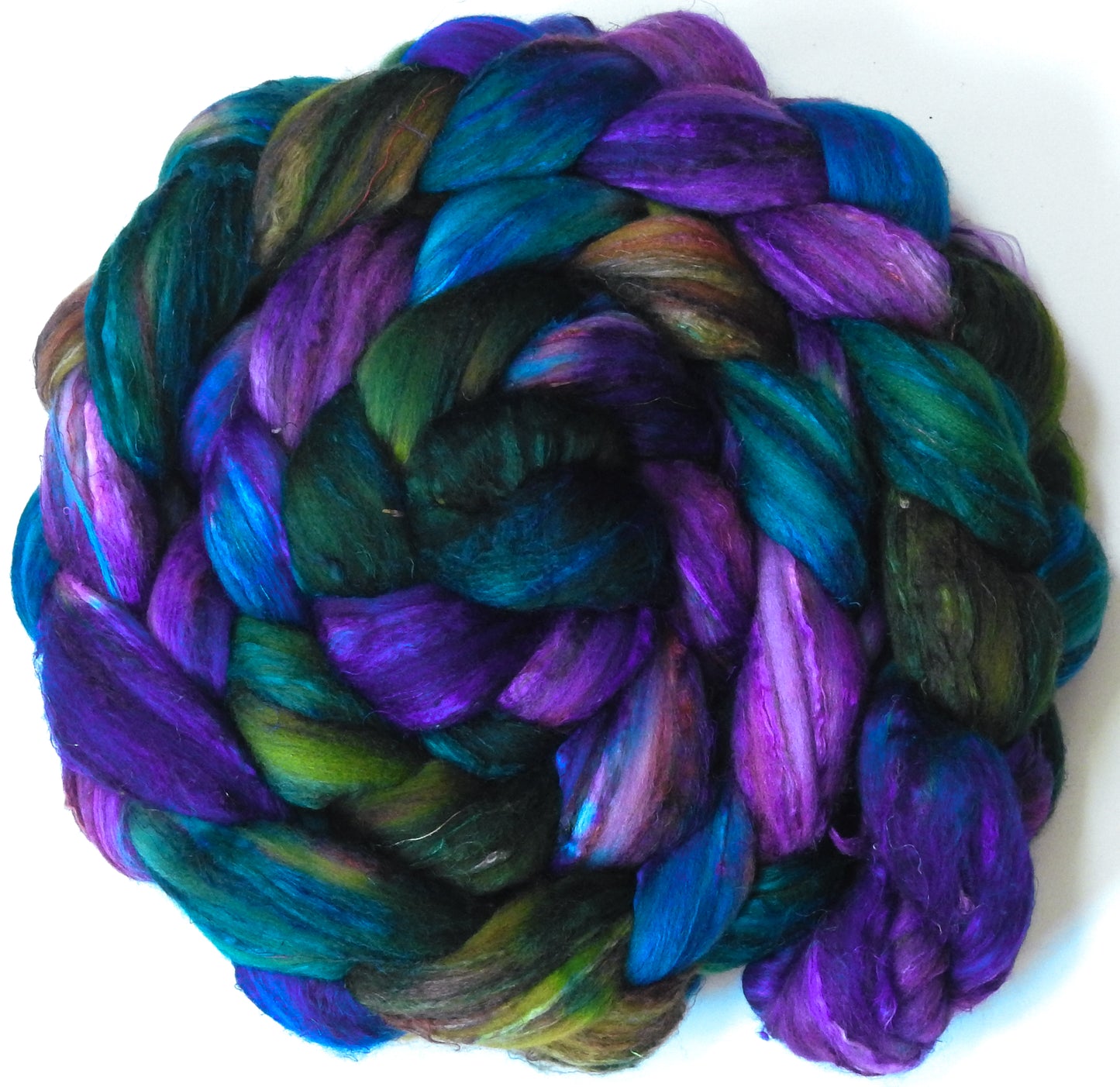 Dragonfly (5.6 oz.)- Batt in a Braid #39 - Falkland Merino/ Mulberry Silk / Sari Silk (50/25/25)