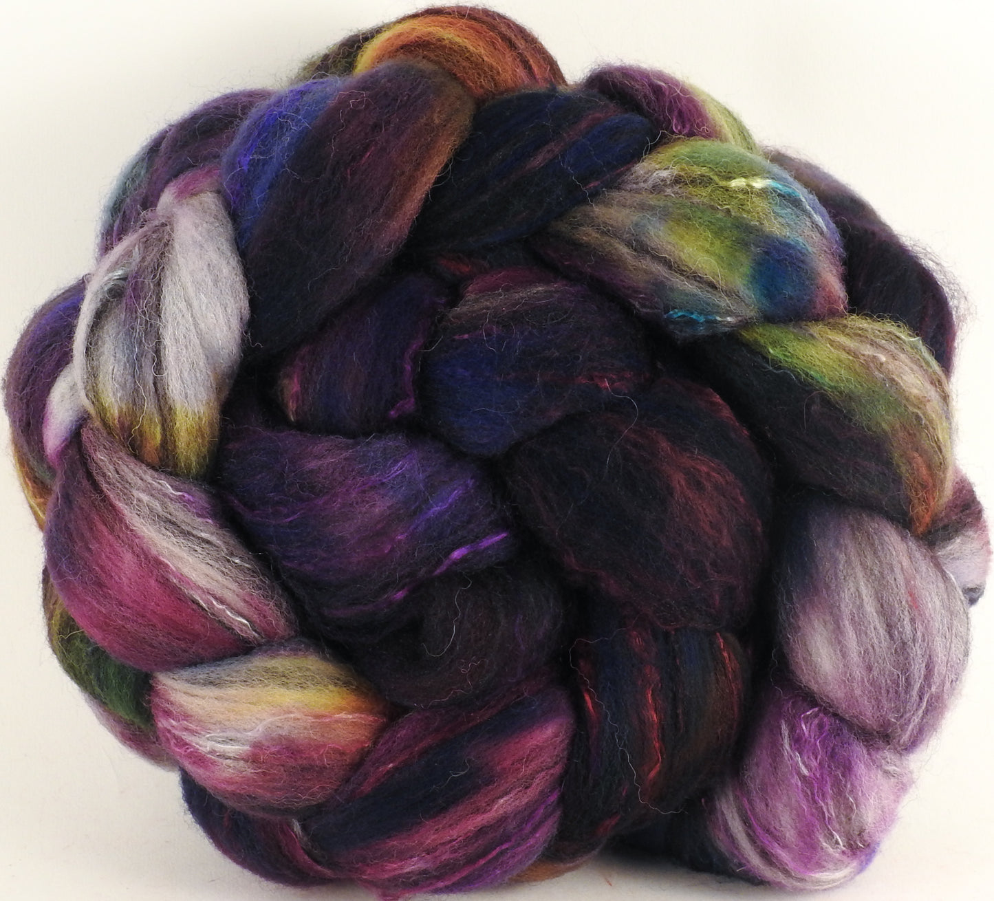 Batt in a Braid #30- Enigma (5.3 oz.) - Charollais/ Rambouillet / Black tussah /Mulberry silk (40/40/10/10) - Inglenook Fibers